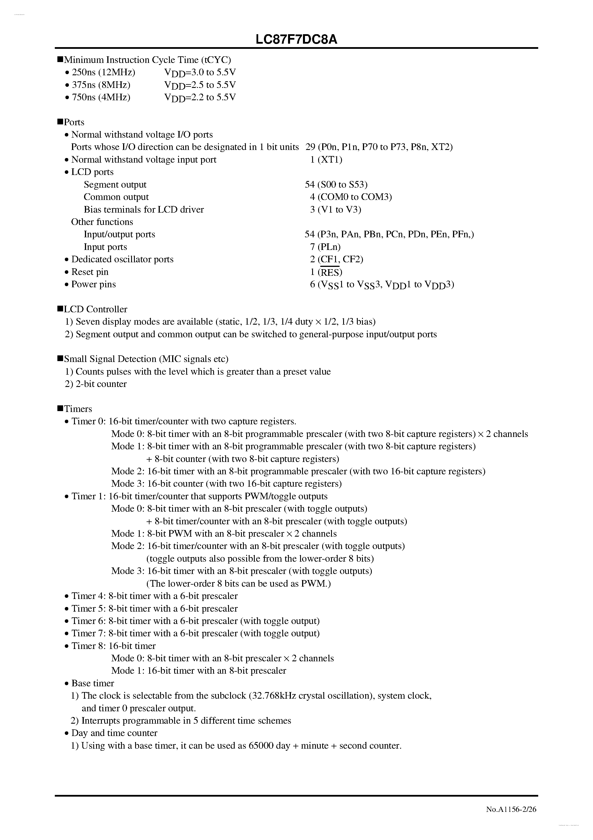 Datasheet LC87F7DC8A - 8-bit 1-chip Microcontroller page 2