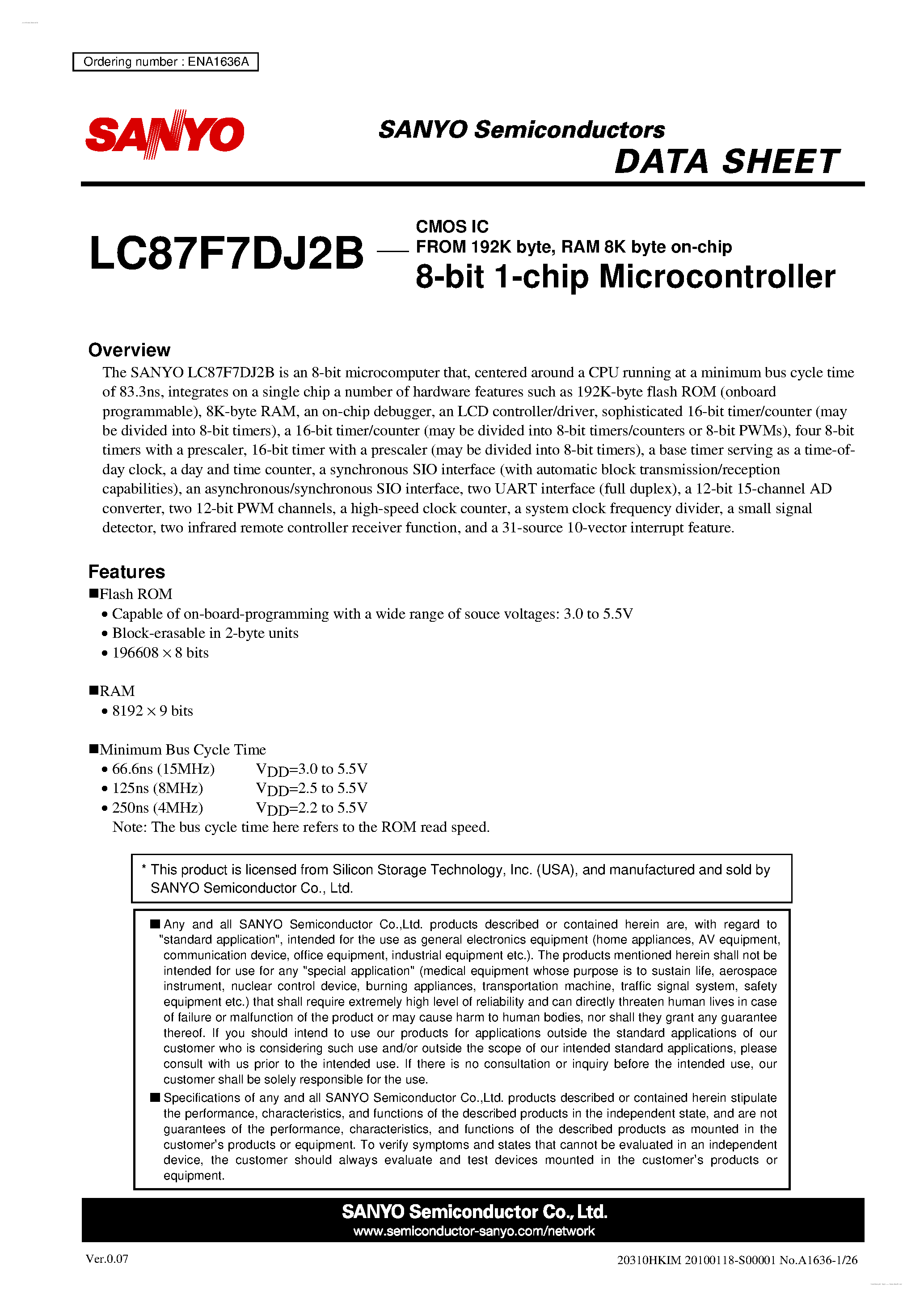 Datasheet LC87F7DJ2B - 8-bit 1-chip Microcontroller page 1