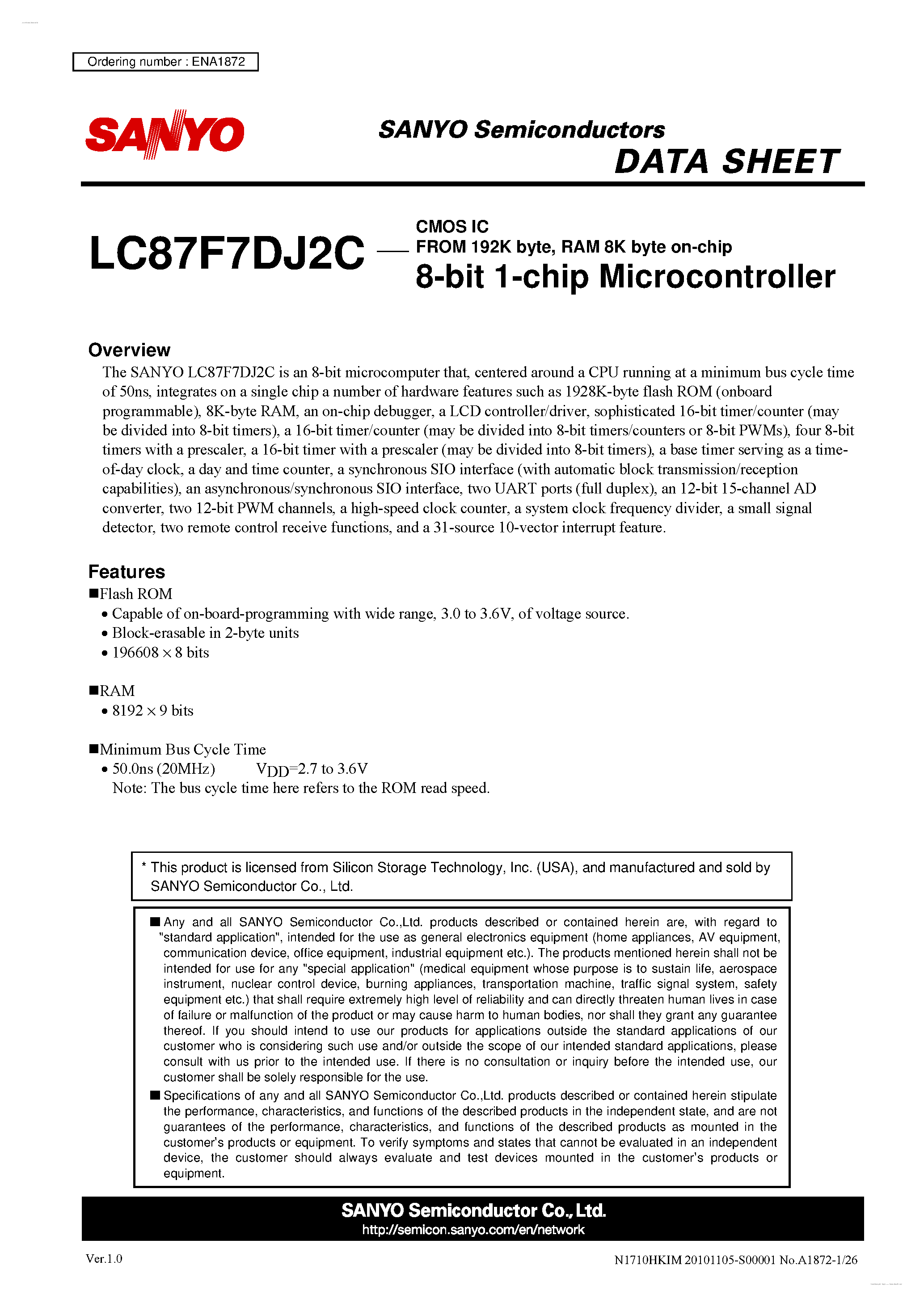 Datasheet LC87F7DJ2C - 8-bit 1-chip Microcontroller page 1