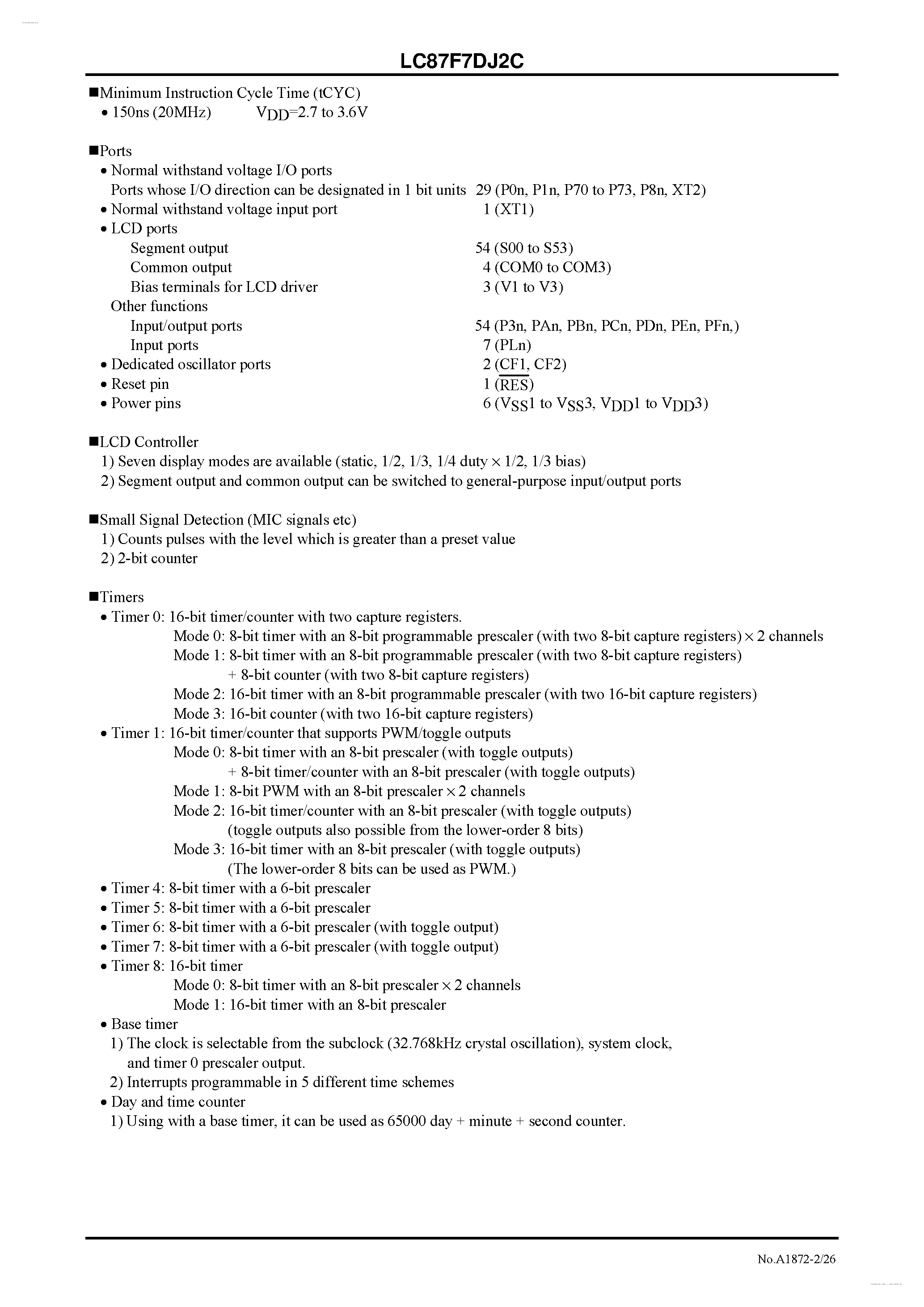Datasheet LC87F7DJ2C - 8-bit 1-chip Microcontroller page 2