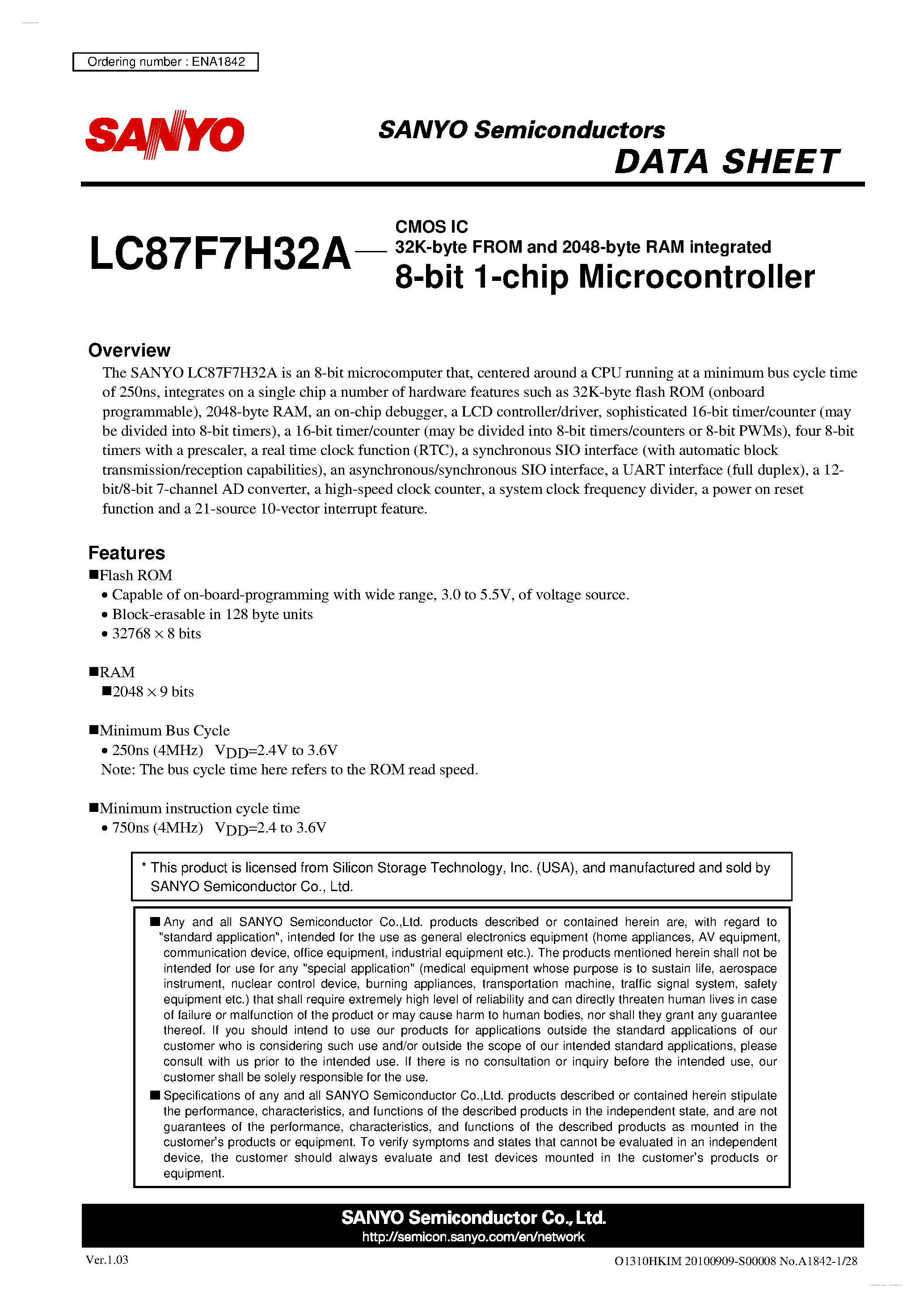Datasheet LC87F7H32A - 8-bit 1-chip Microcontroller page 1
