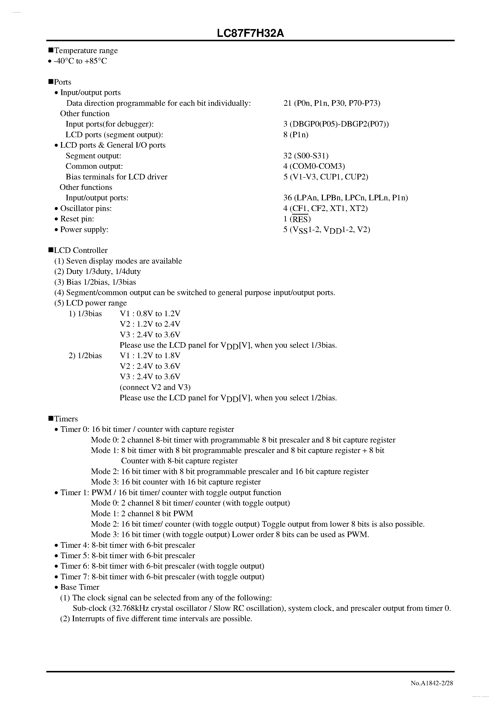 Datasheet LC87F7H32A - 8-bit 1-chip Microcontroller page 2