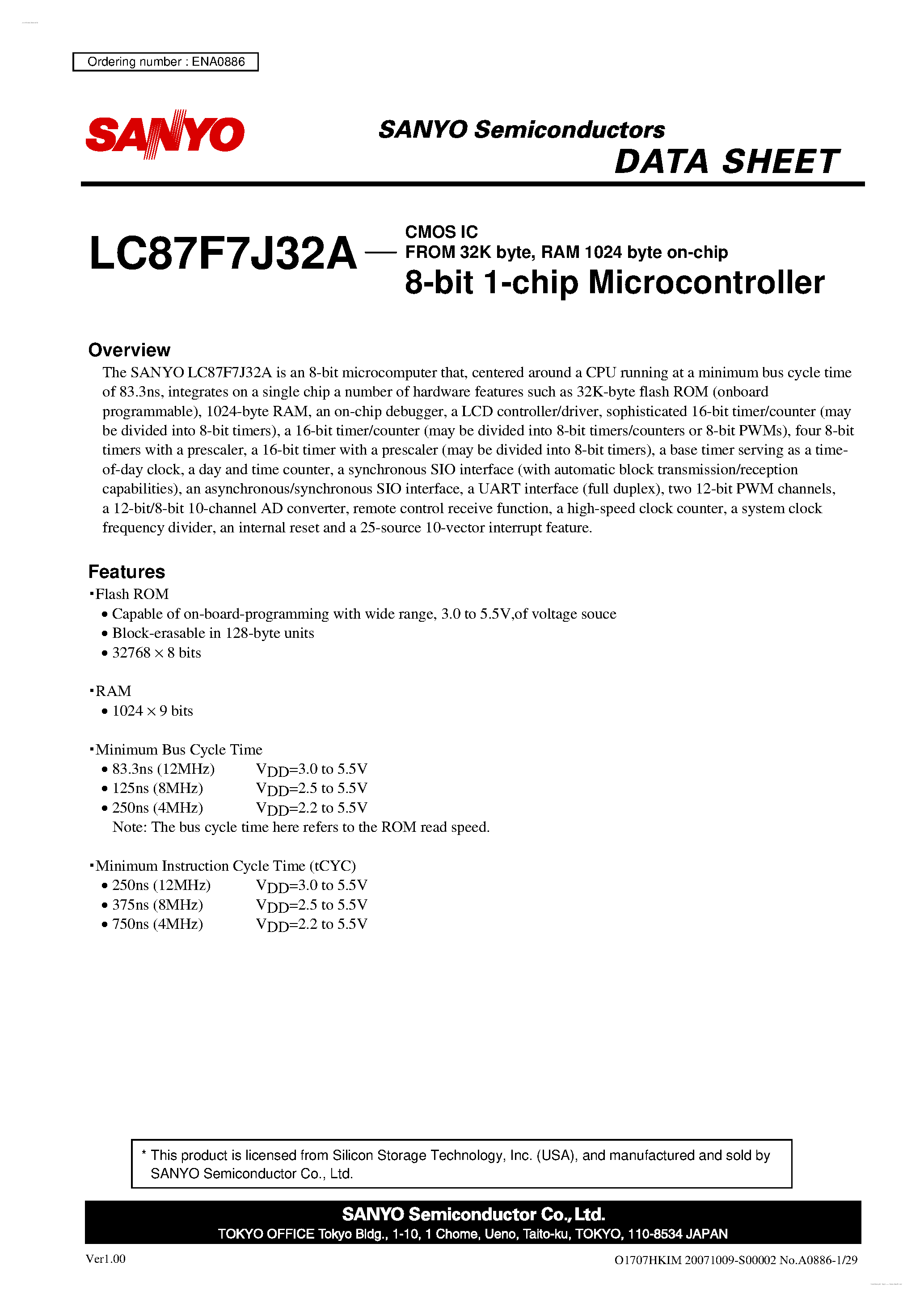 Datasheet LC87F7J32A - 8-bit 1-chip Microcontroller page 1