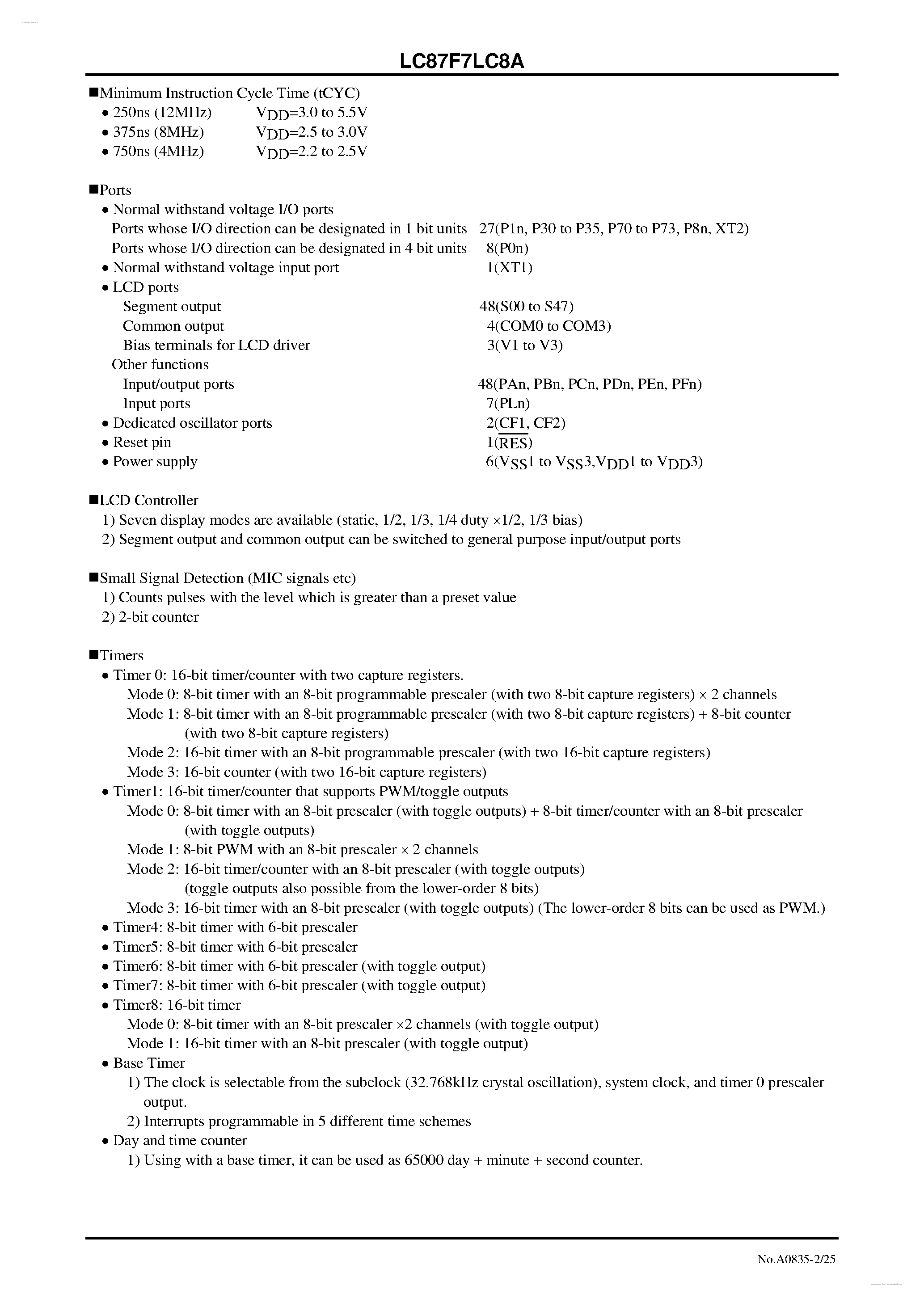 Datasheet LC87F7LC8A - 8-bit 1-chip Microcontroller page 2