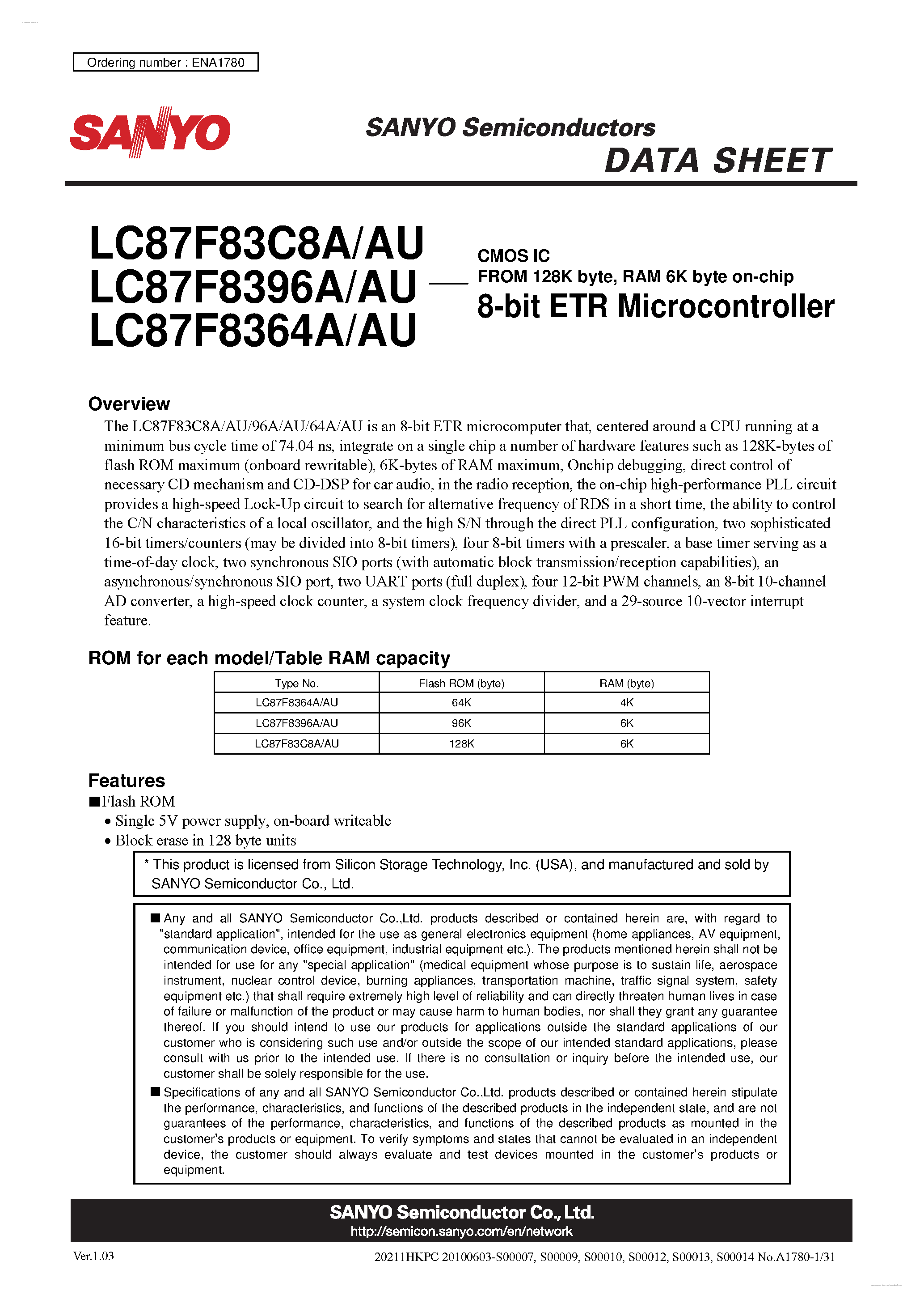 Datasheet LC87F8364A - 8-bit ETR Microcontroller page 1