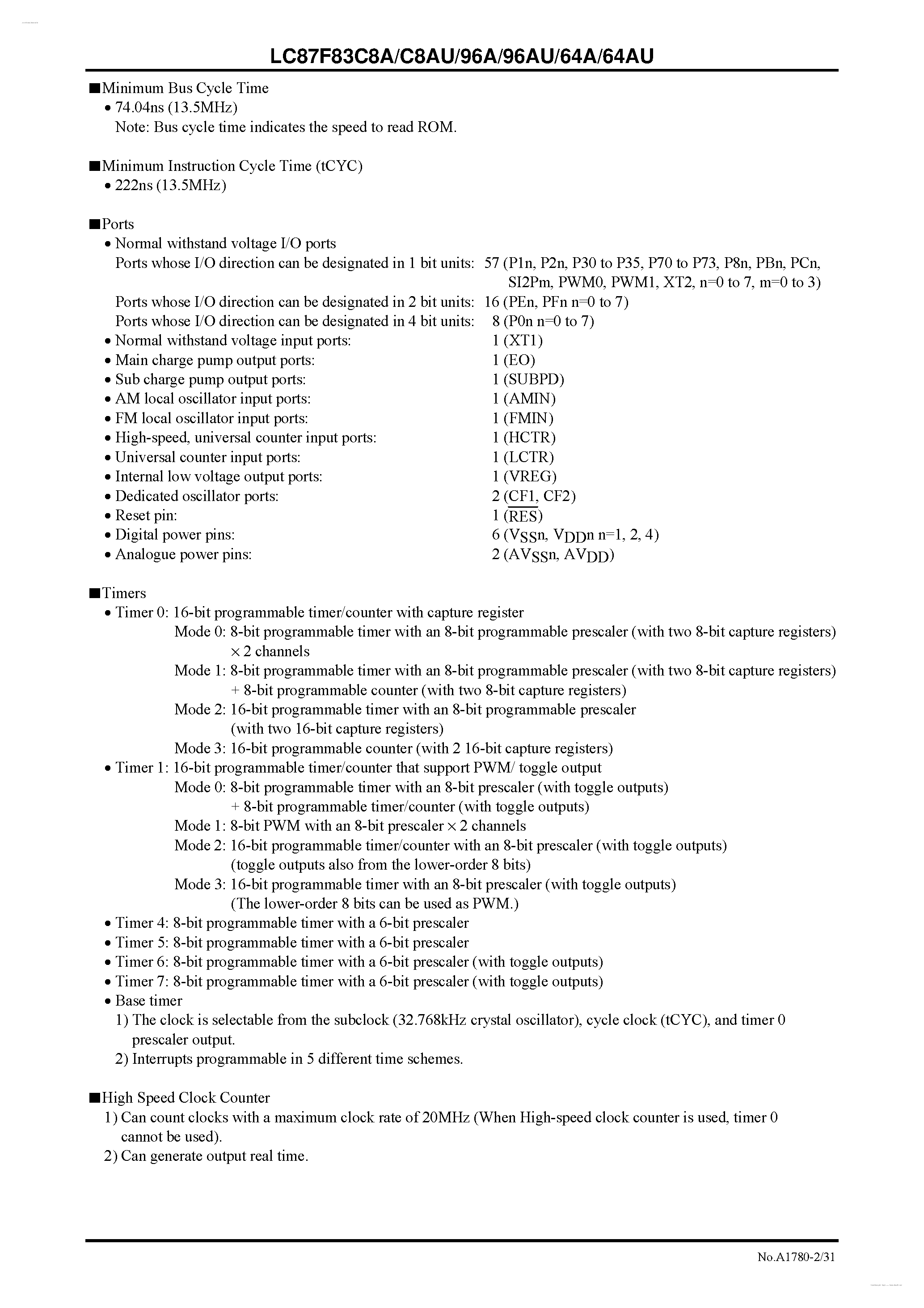Datasheet LC87F8364A - 8-bit ETR Microcontroller page 2