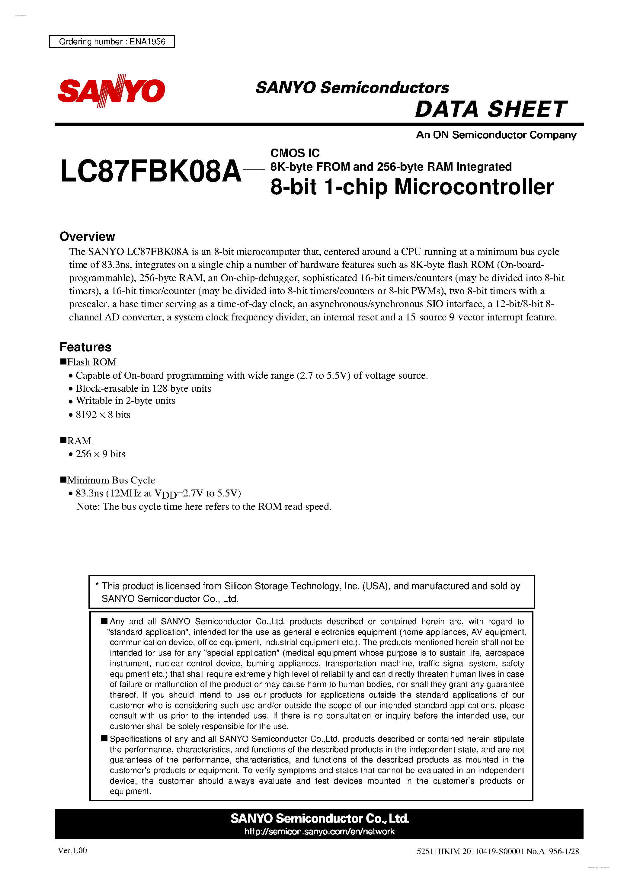 Datasheet LC87FBK08A - 8-bit 1-chip Microcontroller page 1