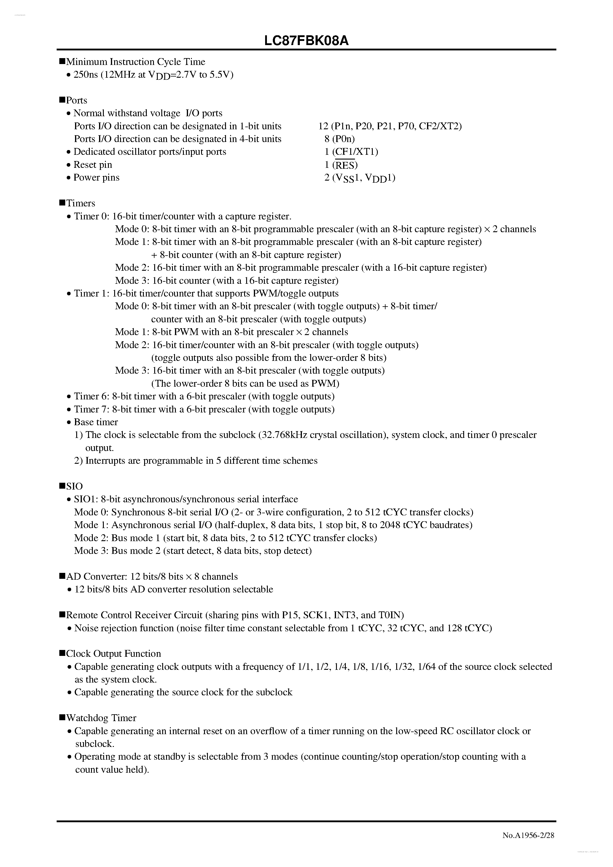 Datasheet LC87FBK08A - 8-bit 1-chip Microcontroller page 2