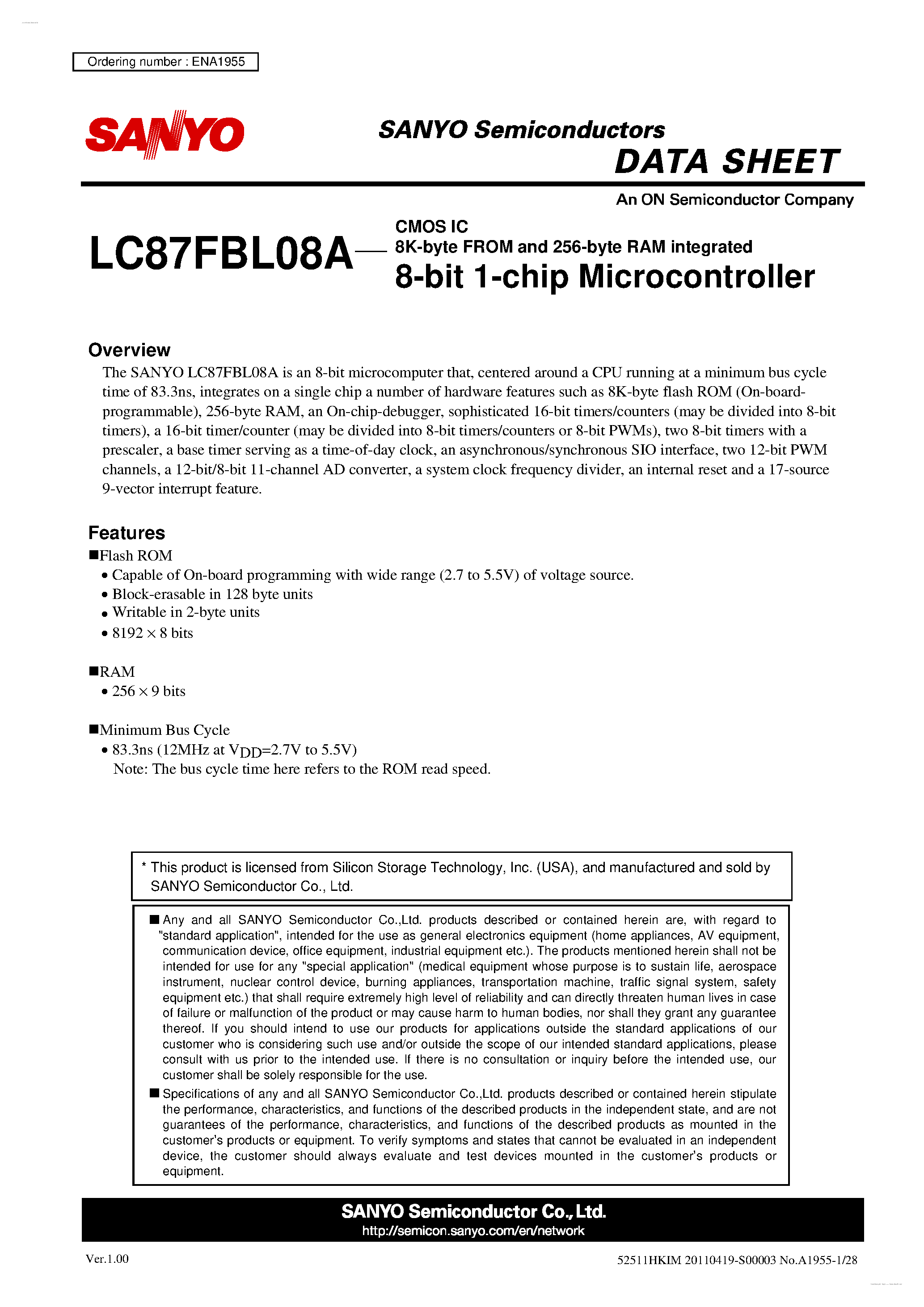 Datasheet LC87FBL08A - 8-bit 1-chip Microcontroller page 1