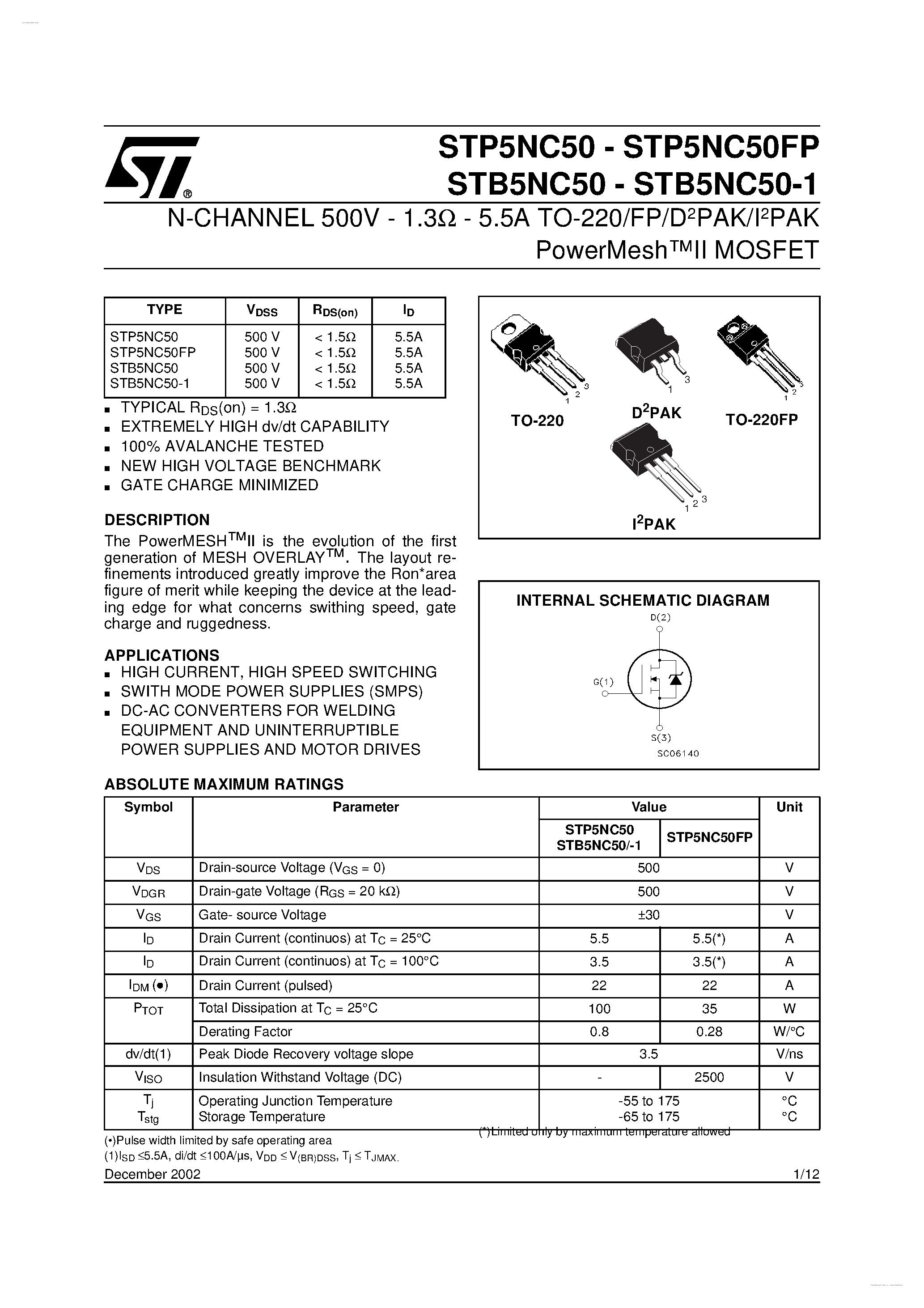 Datasheet P5NC50 page 1 Datasheet P5NC50 - Search -----> STP5NC50 page 1