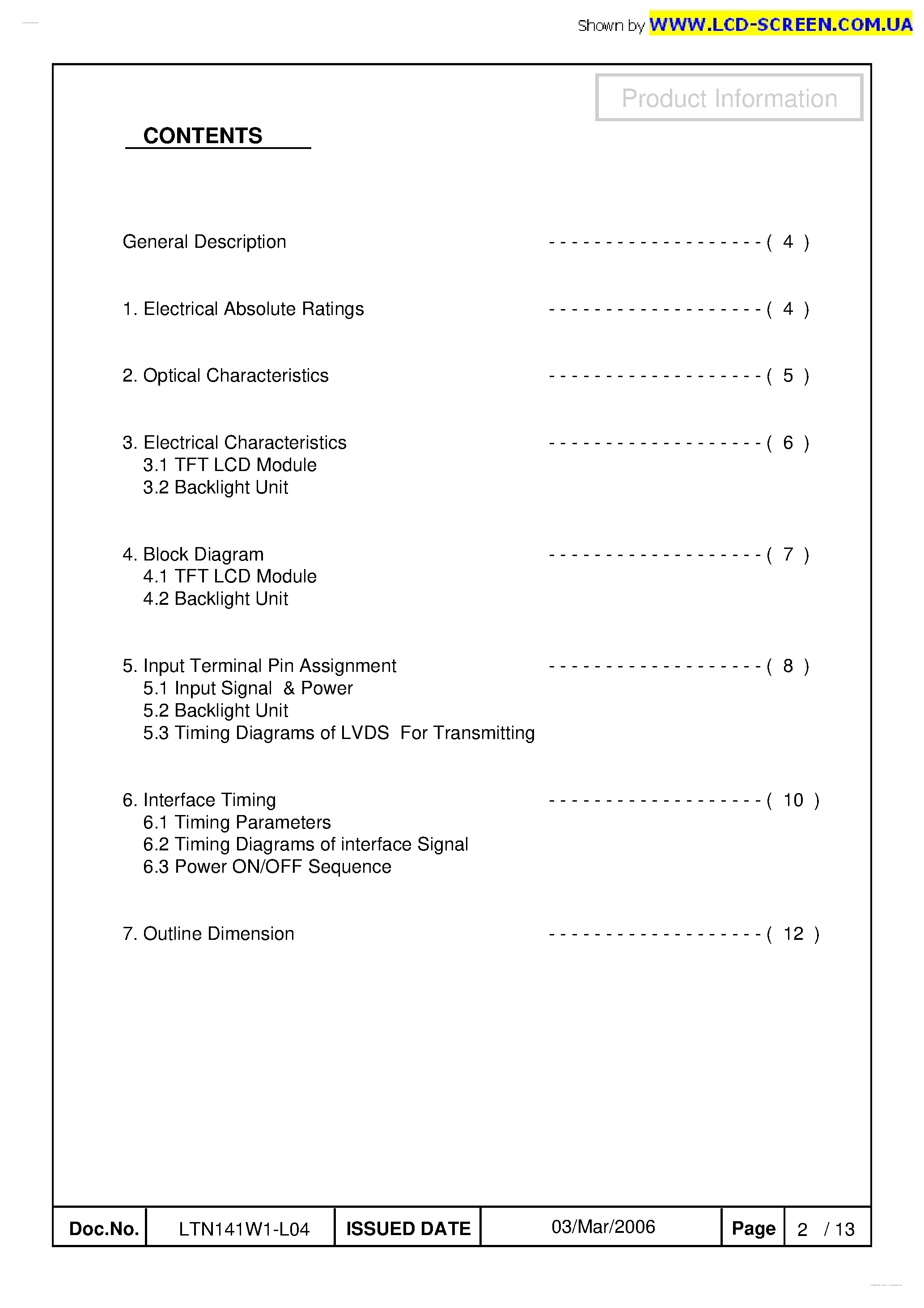 Даташит LTN141W1-L04 - Display Module страница 2