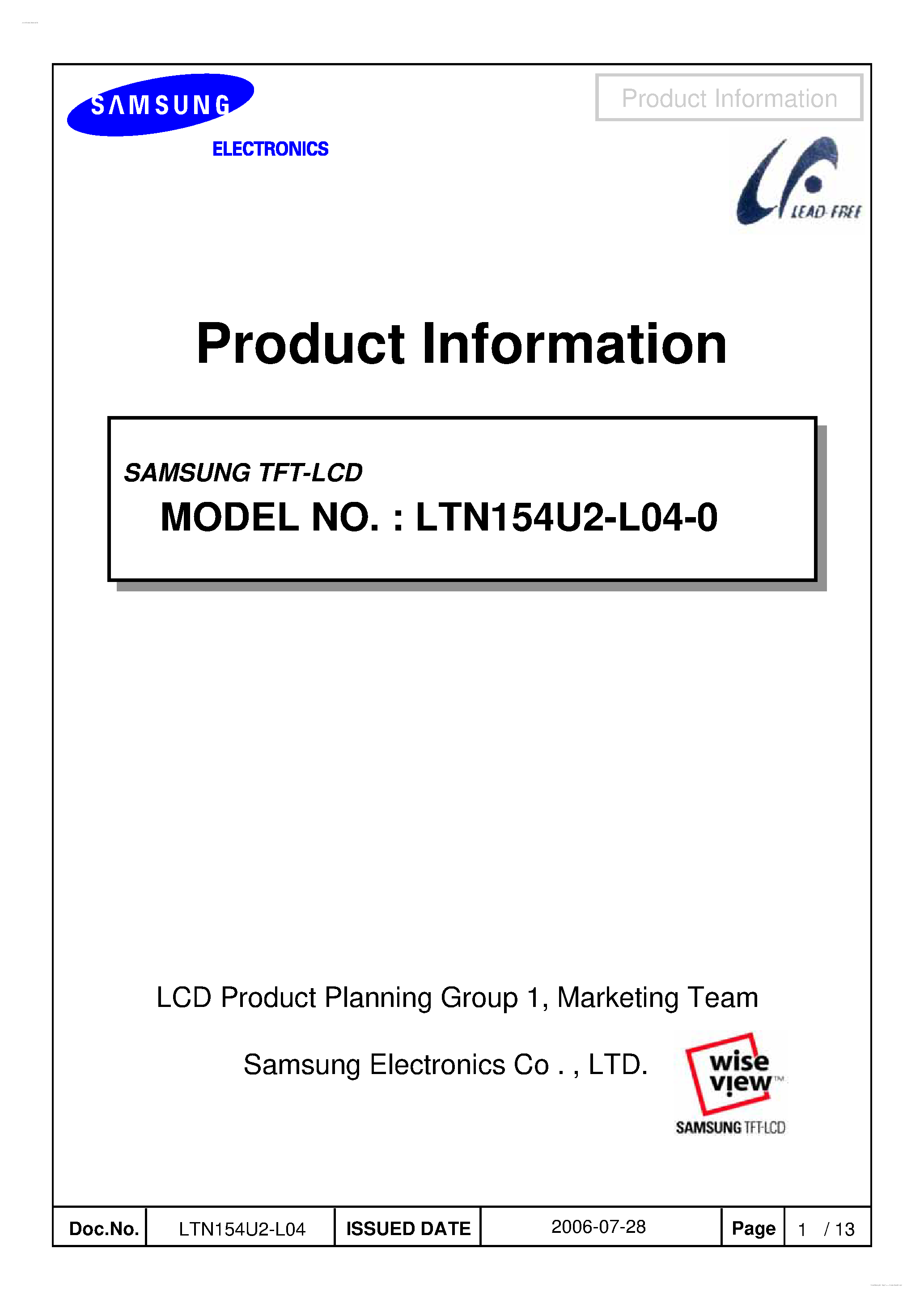 Datasheet LTN154U2-L04-0 - Display Module page 1