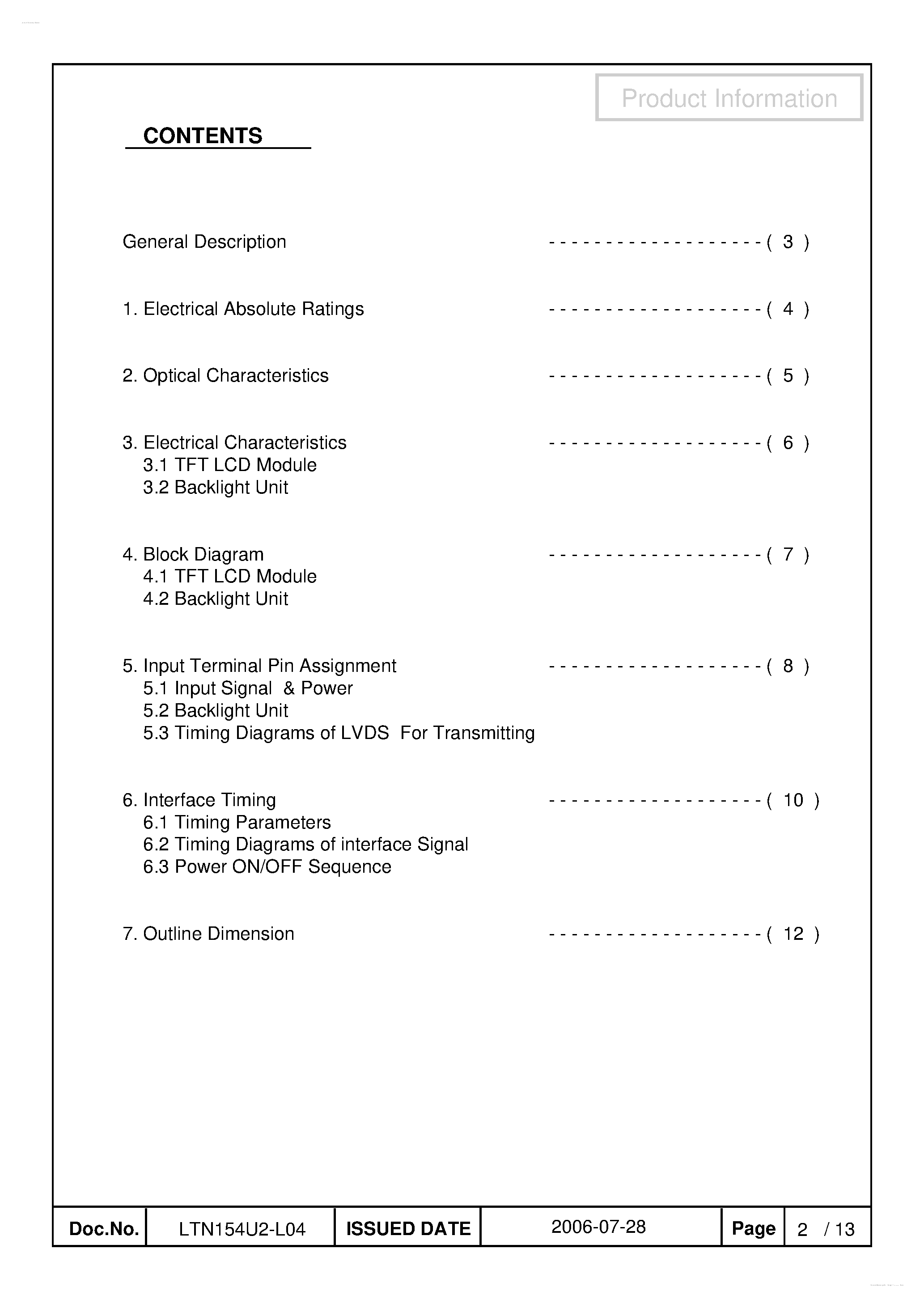 Datasheet LTN154U2-L04-0 - Display Module page 2