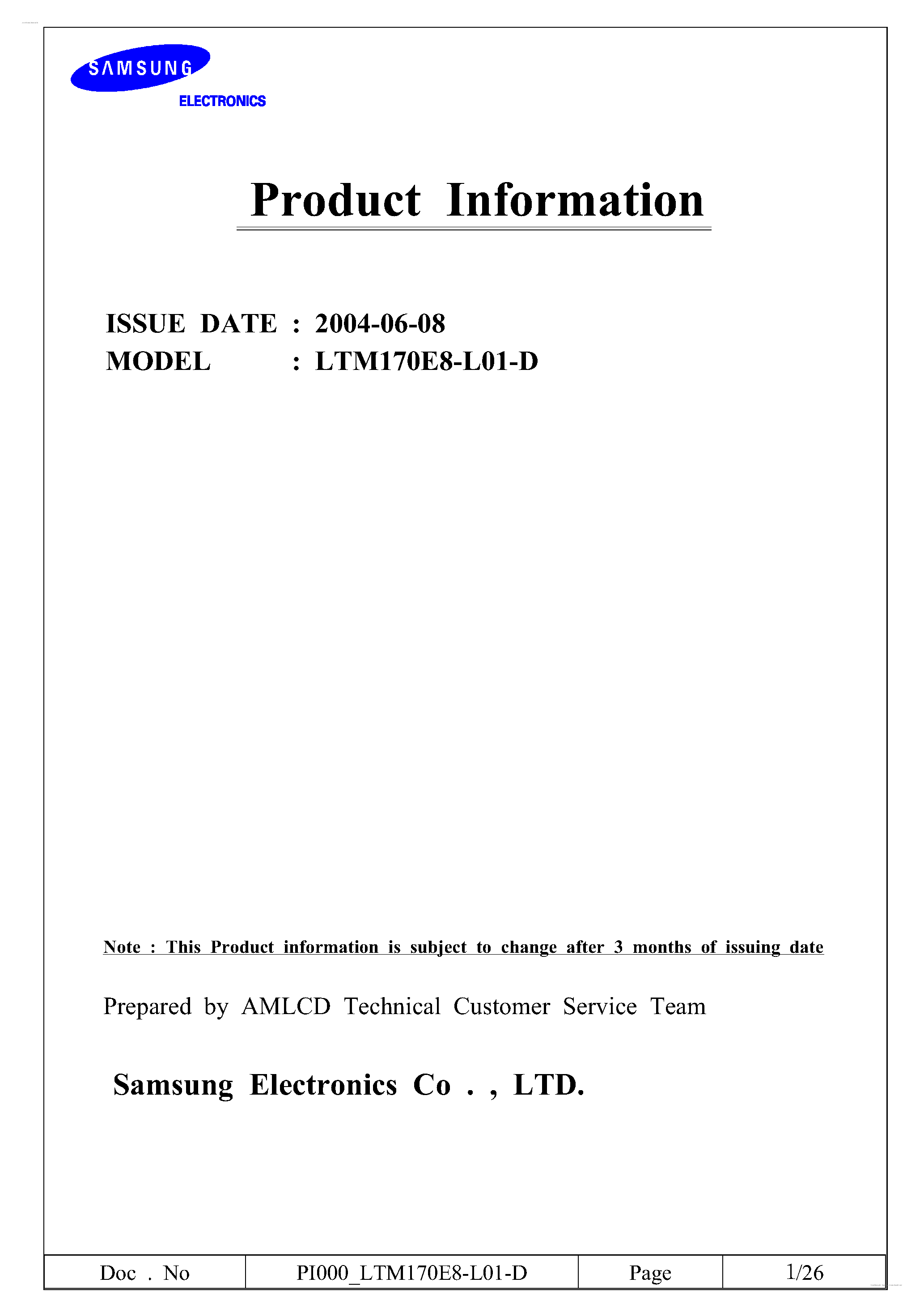 Datasheet LTM170E8-L01-D page 1 Datasheet LTM170E8-L01-D - Display Module page 1
