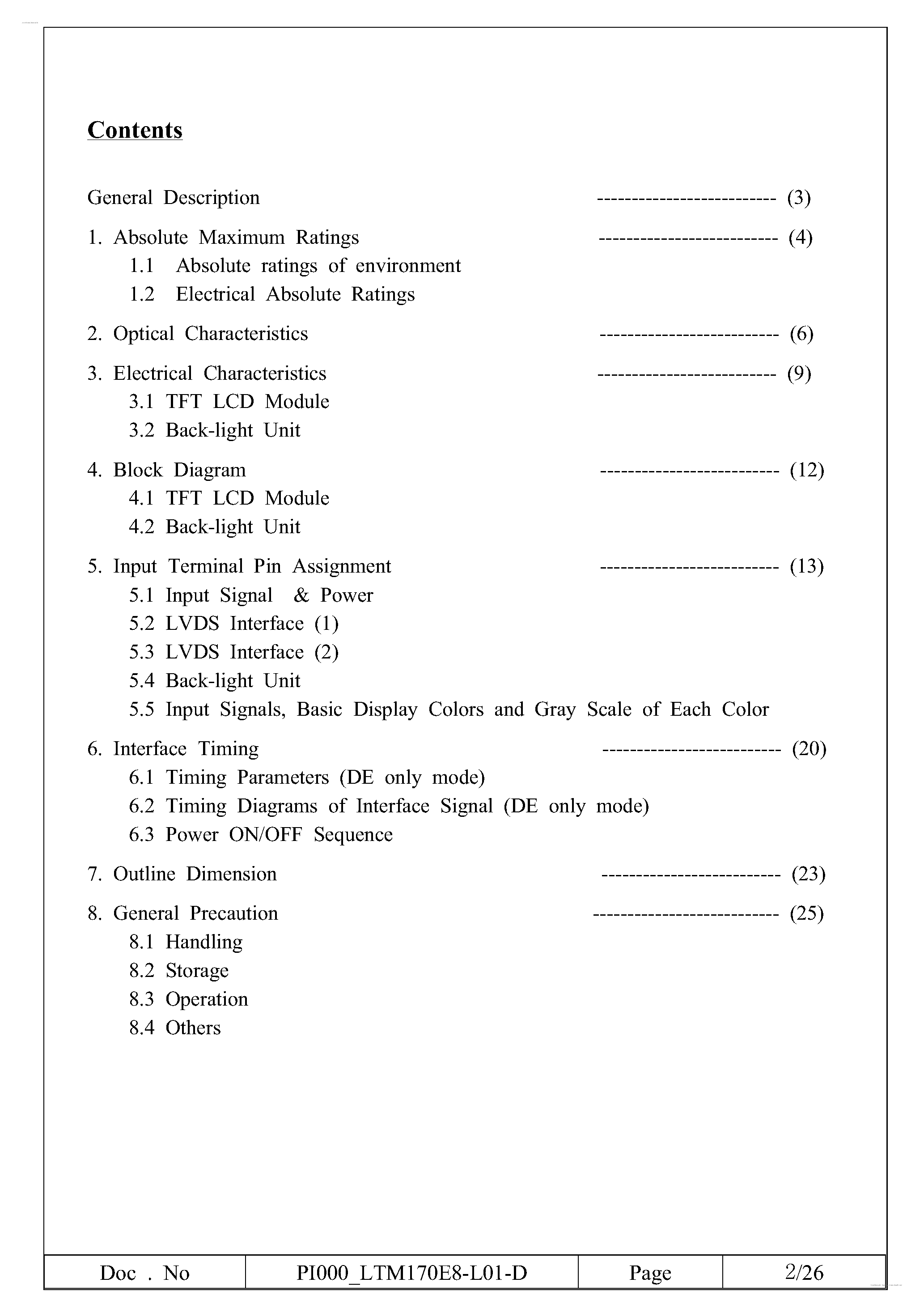 Datasheet LTM170E8-L01-D page 2 Datasheet LTM170E8-L01-D - Display Module page 2