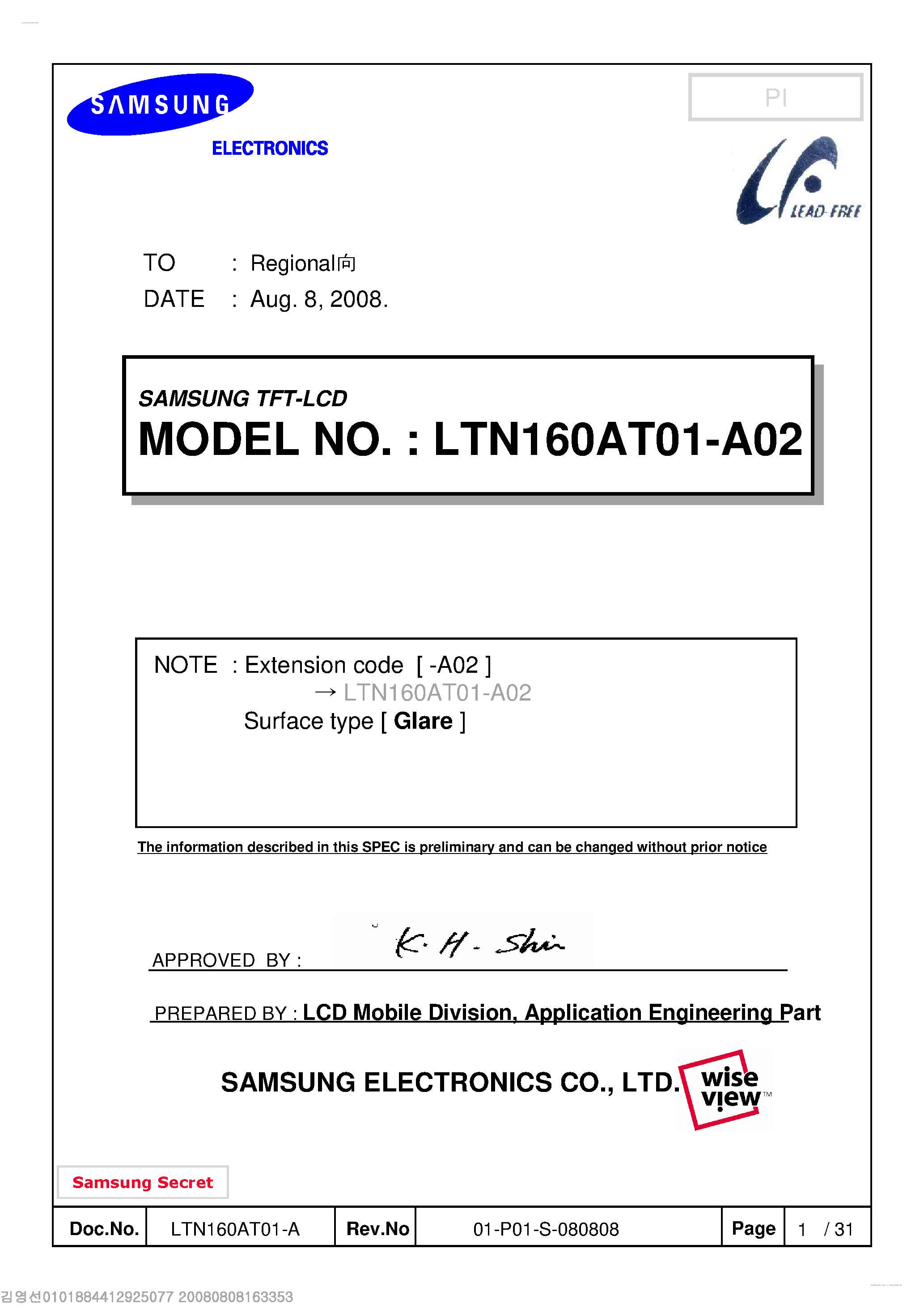 Datasheet LTN160AT01-A02 page 2 Datasheet LTN160AT01-A02 - Display Module page 2
