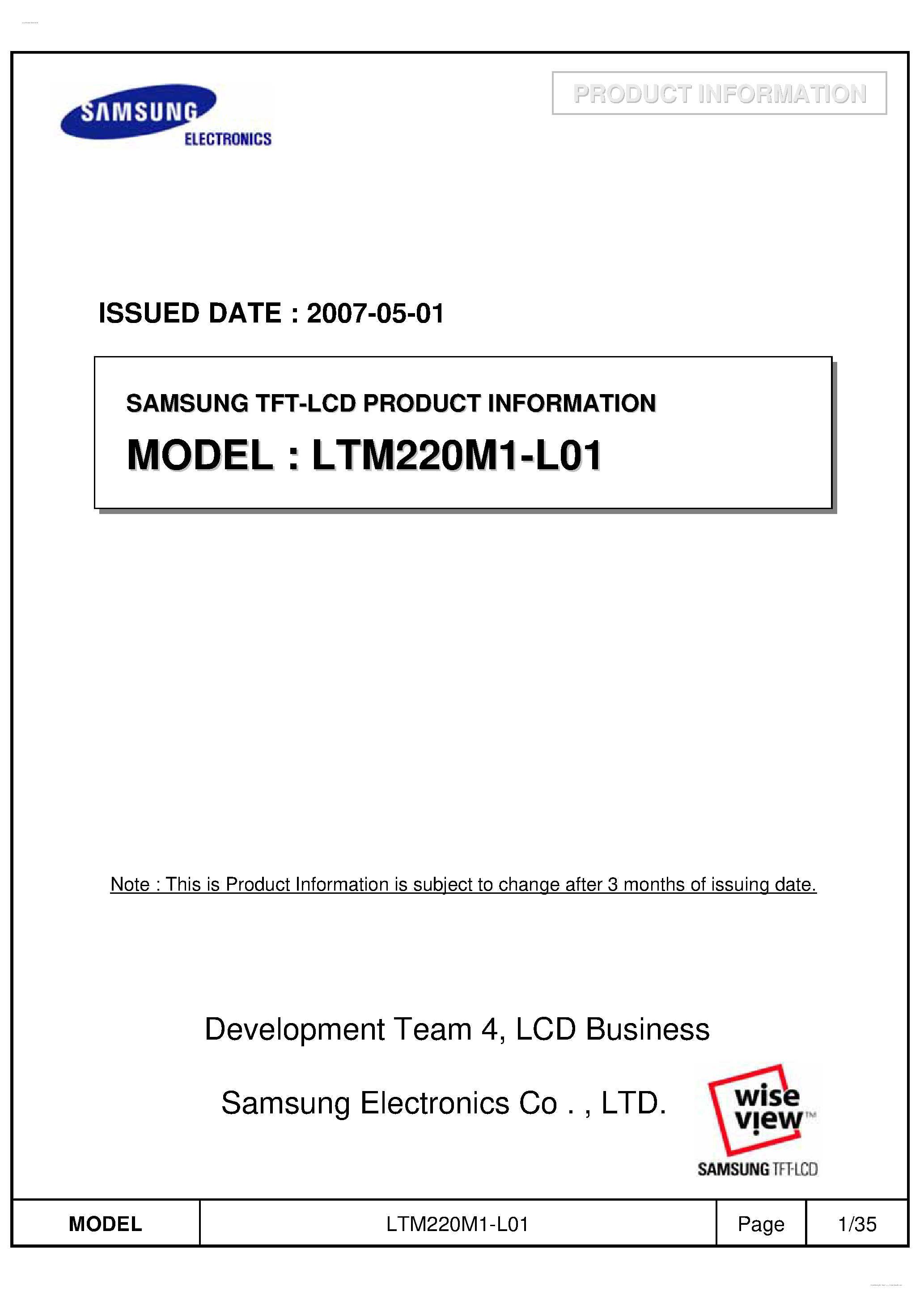 Даташит LTM220M1-L01 - Display Module страница 1