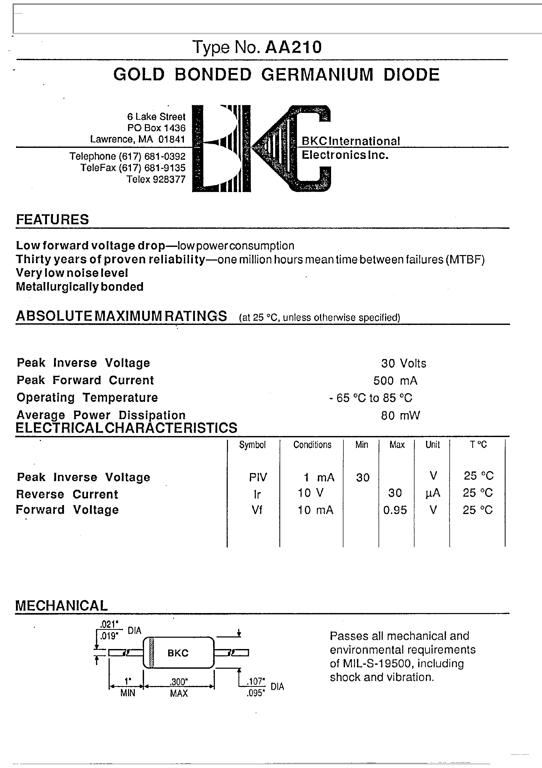 Datasheet AA210 page 1 Datasheet AA210 - DIode page 1