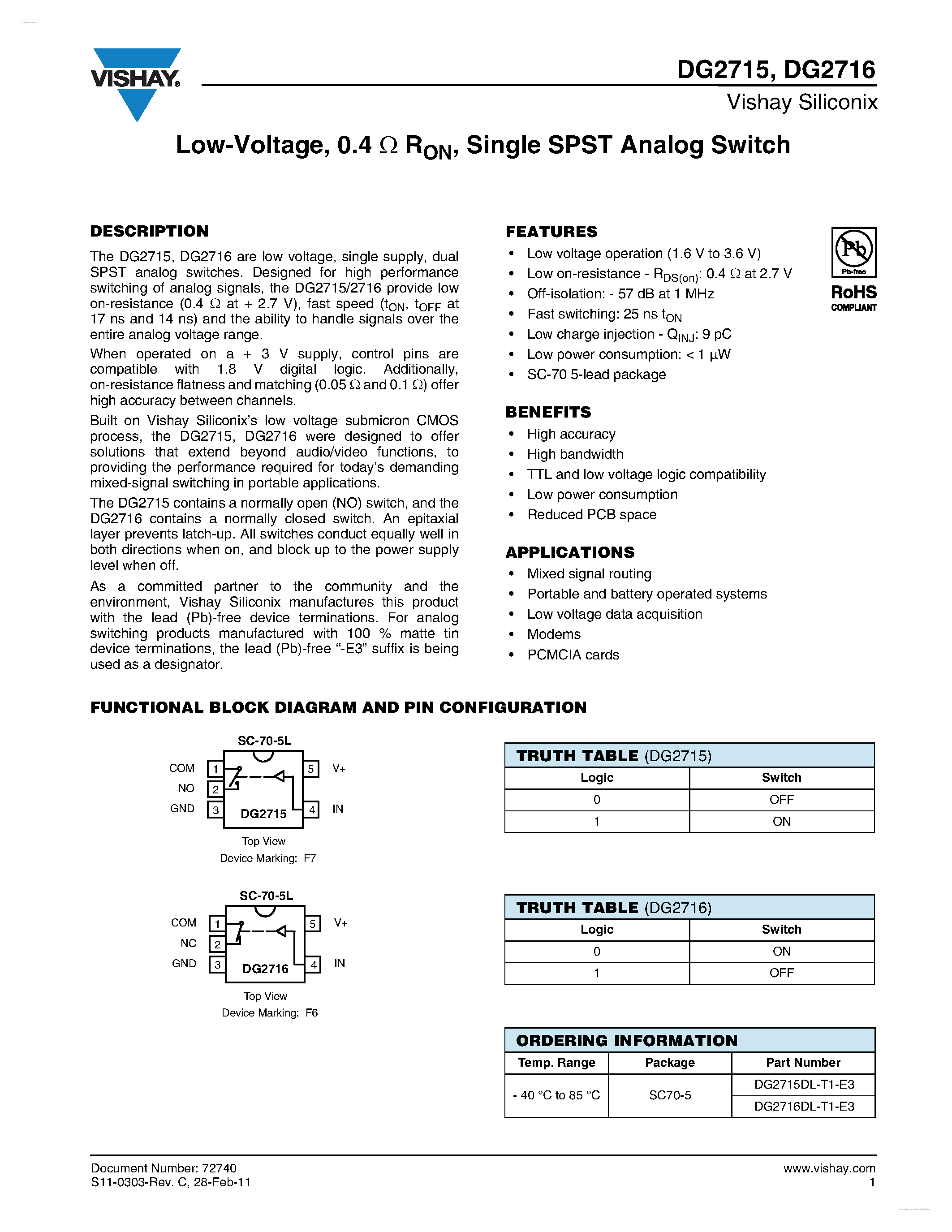 Даташит DG2715 - (DG2715 / DG2716) Single SPST Analog Switch страница 1
