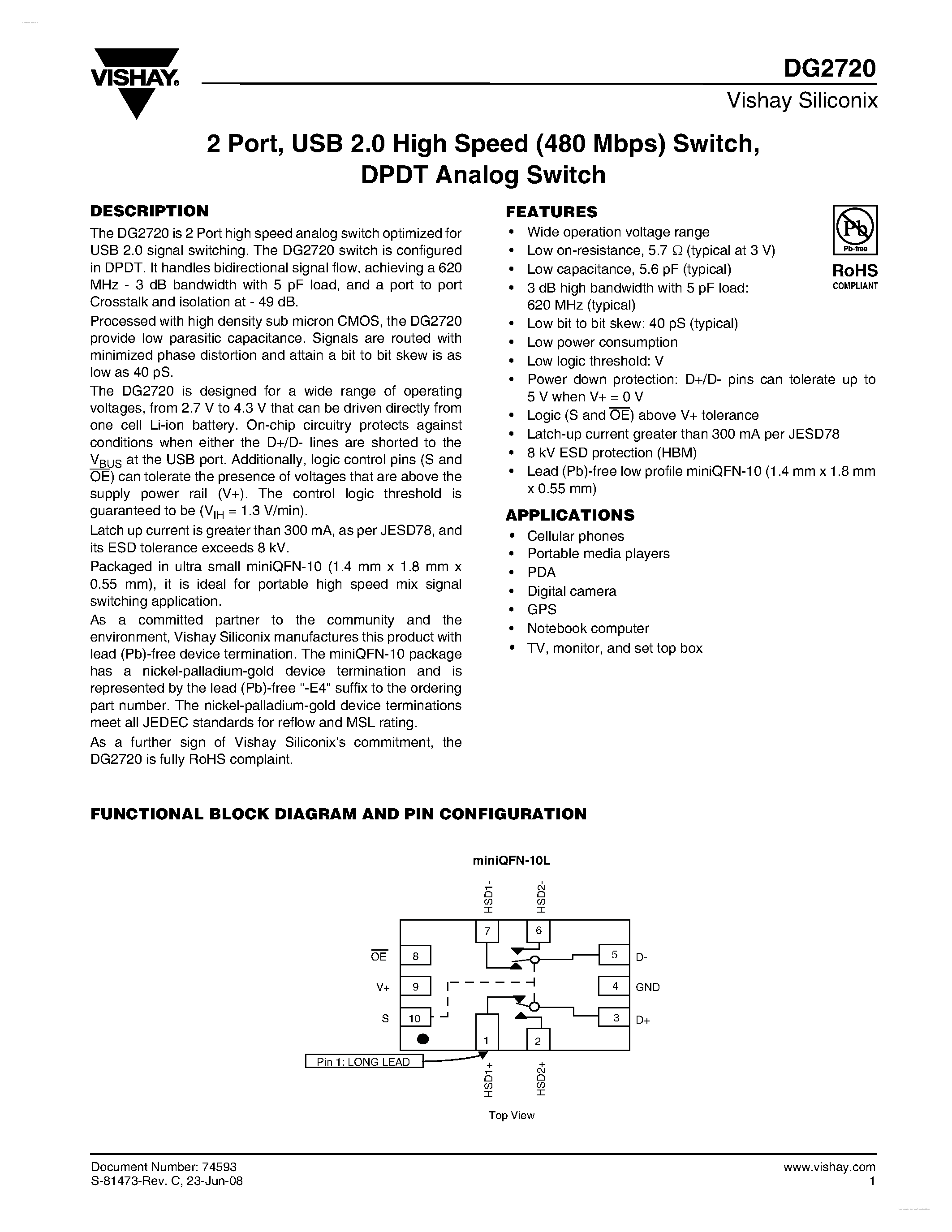 Даташит DG2720 - DPDT Analog Switch страница 1