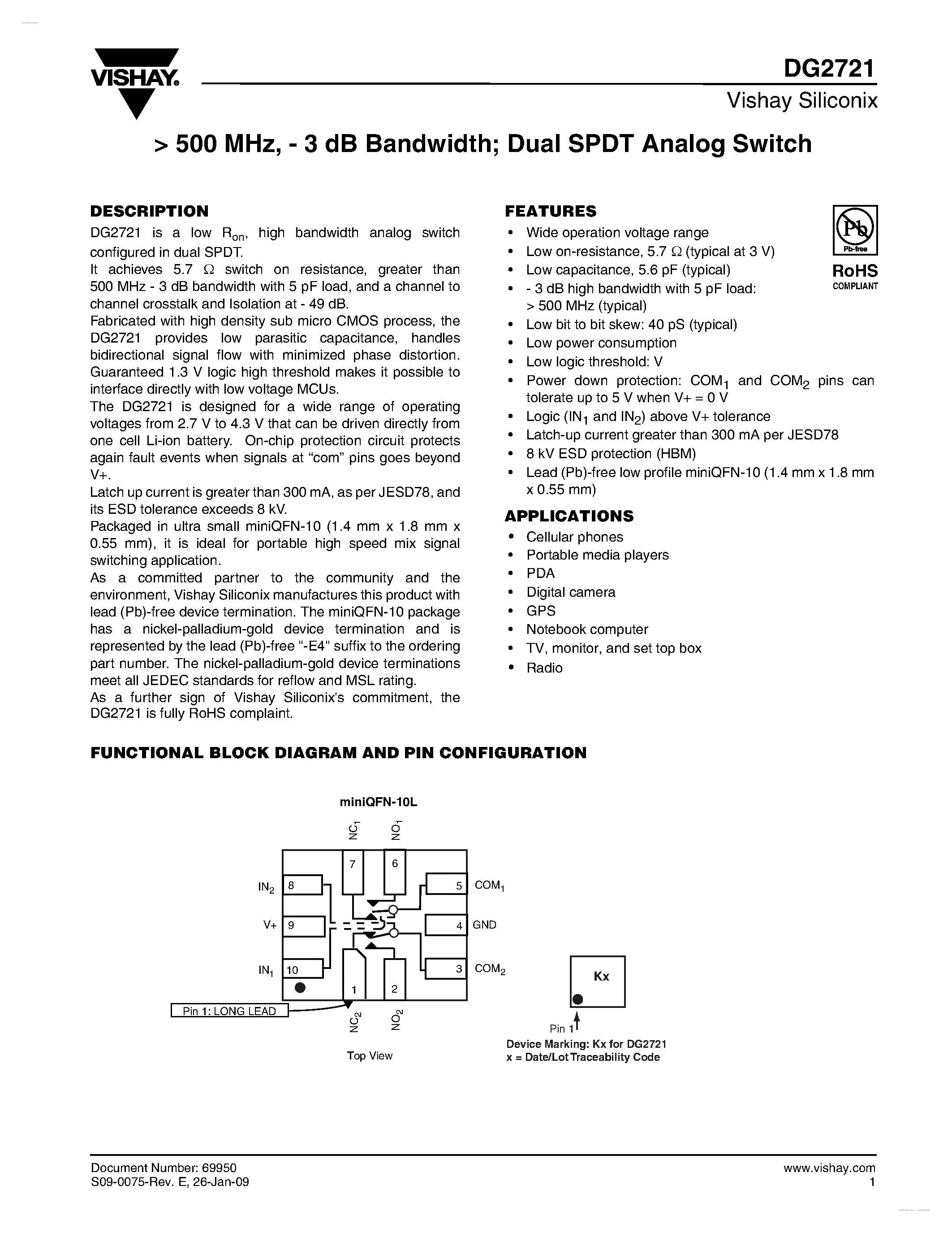 Даташит DG2721 - Dual SPDT Analog Switch страница 1
