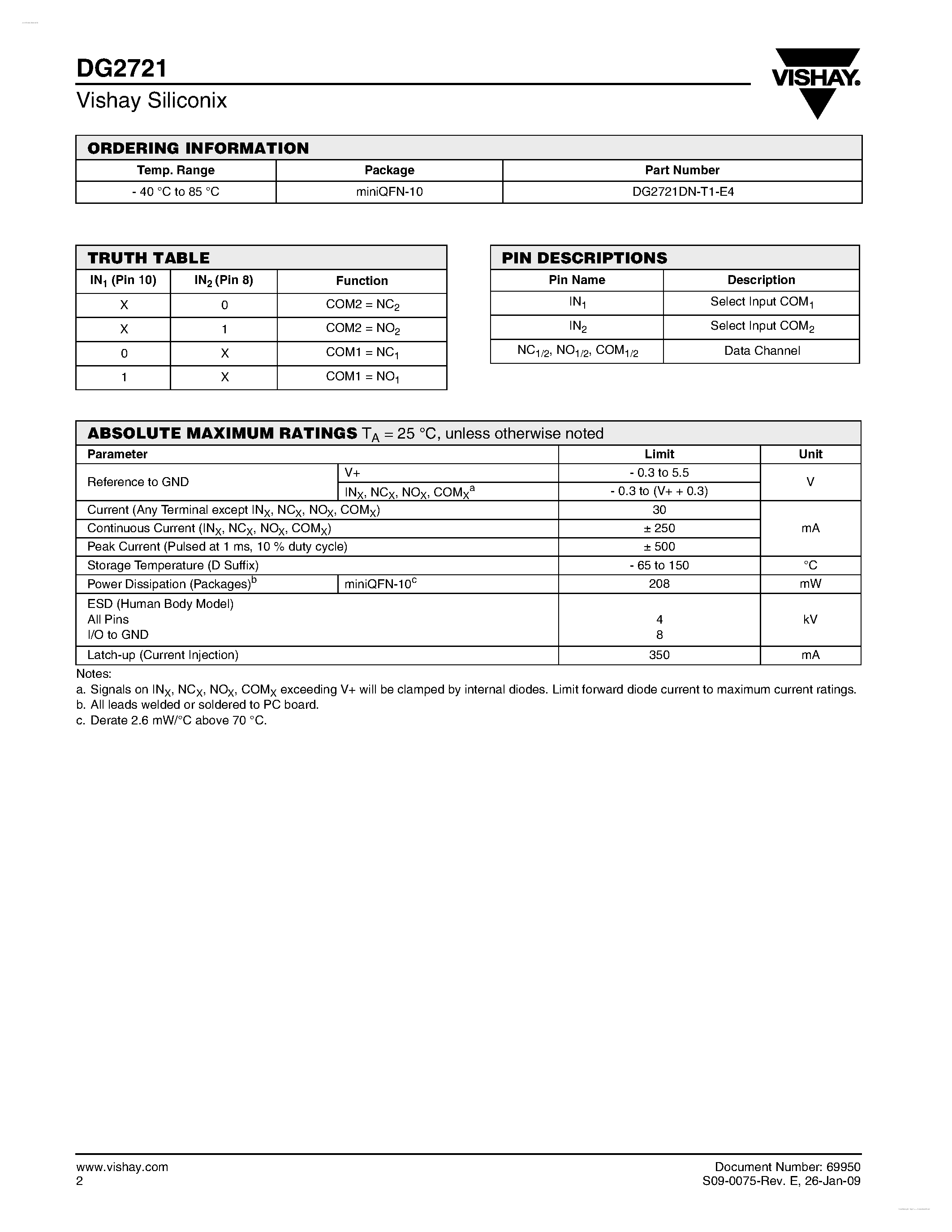 Даташит DG2721 - Dual SPDT Analog Switch страница 2