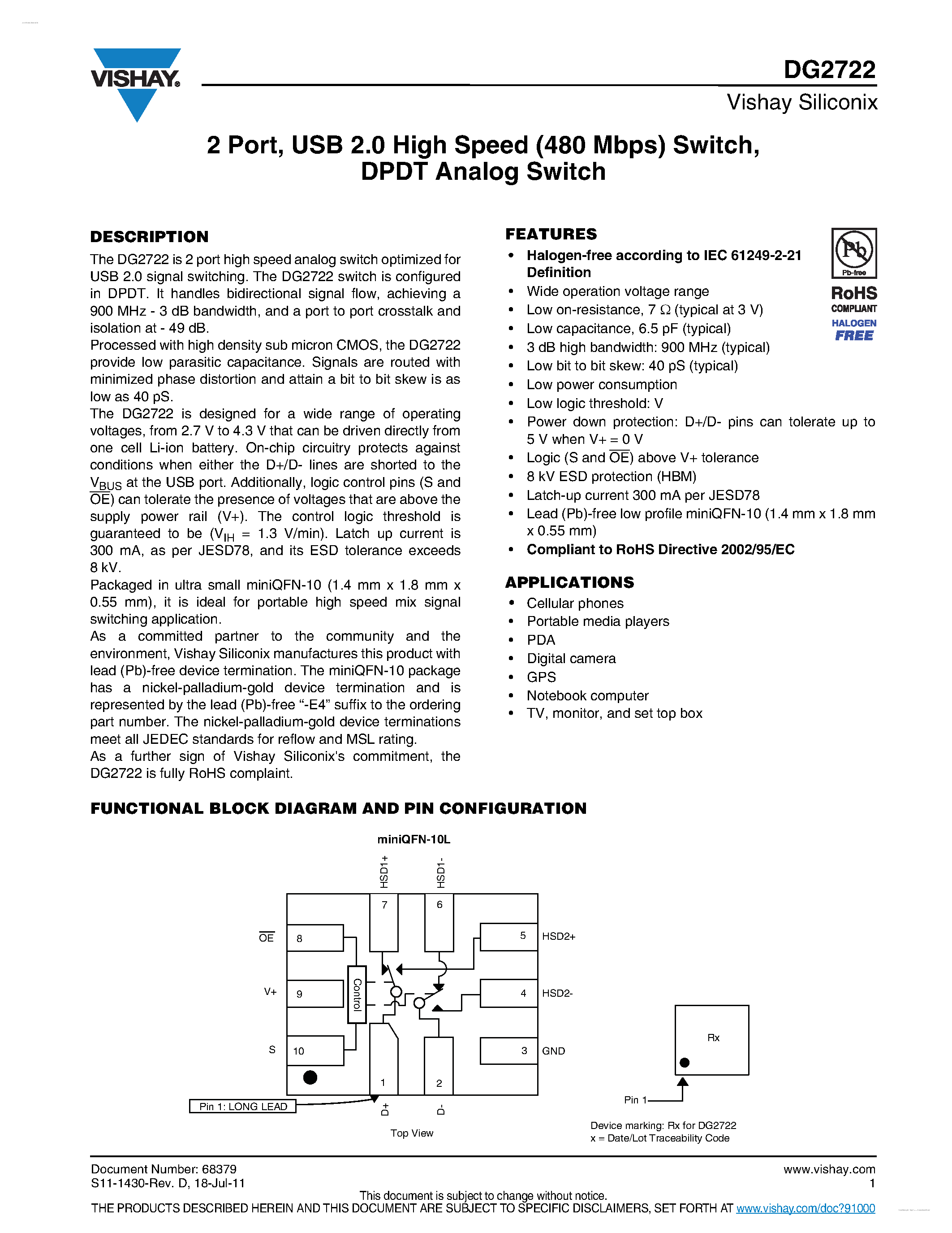 Даташит на микросхему DG2722 страница 1 Даташит DG2722 - DPDT Analog Switch страница 1