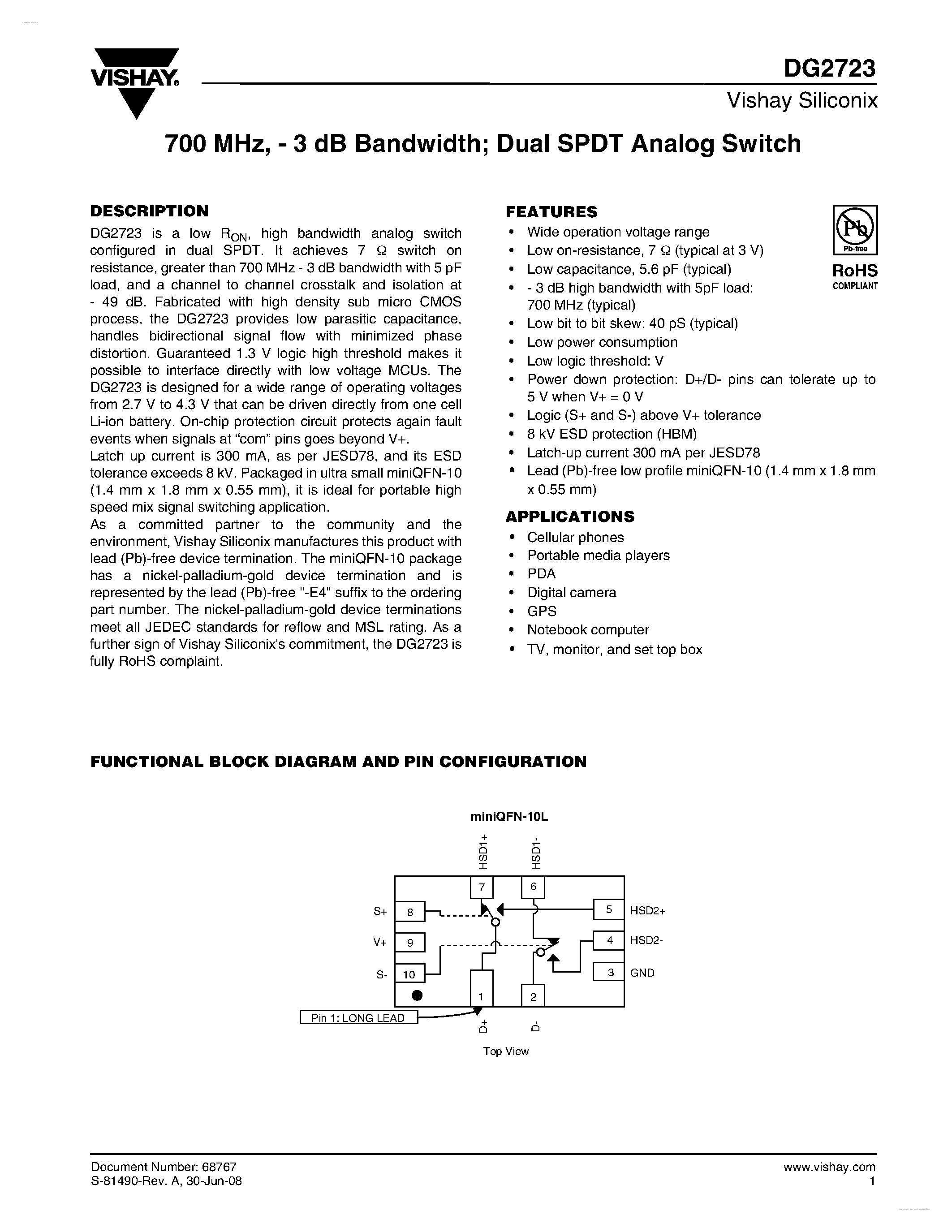 Даташит DG2723 - Dual SPDT Analog Switch страница 1