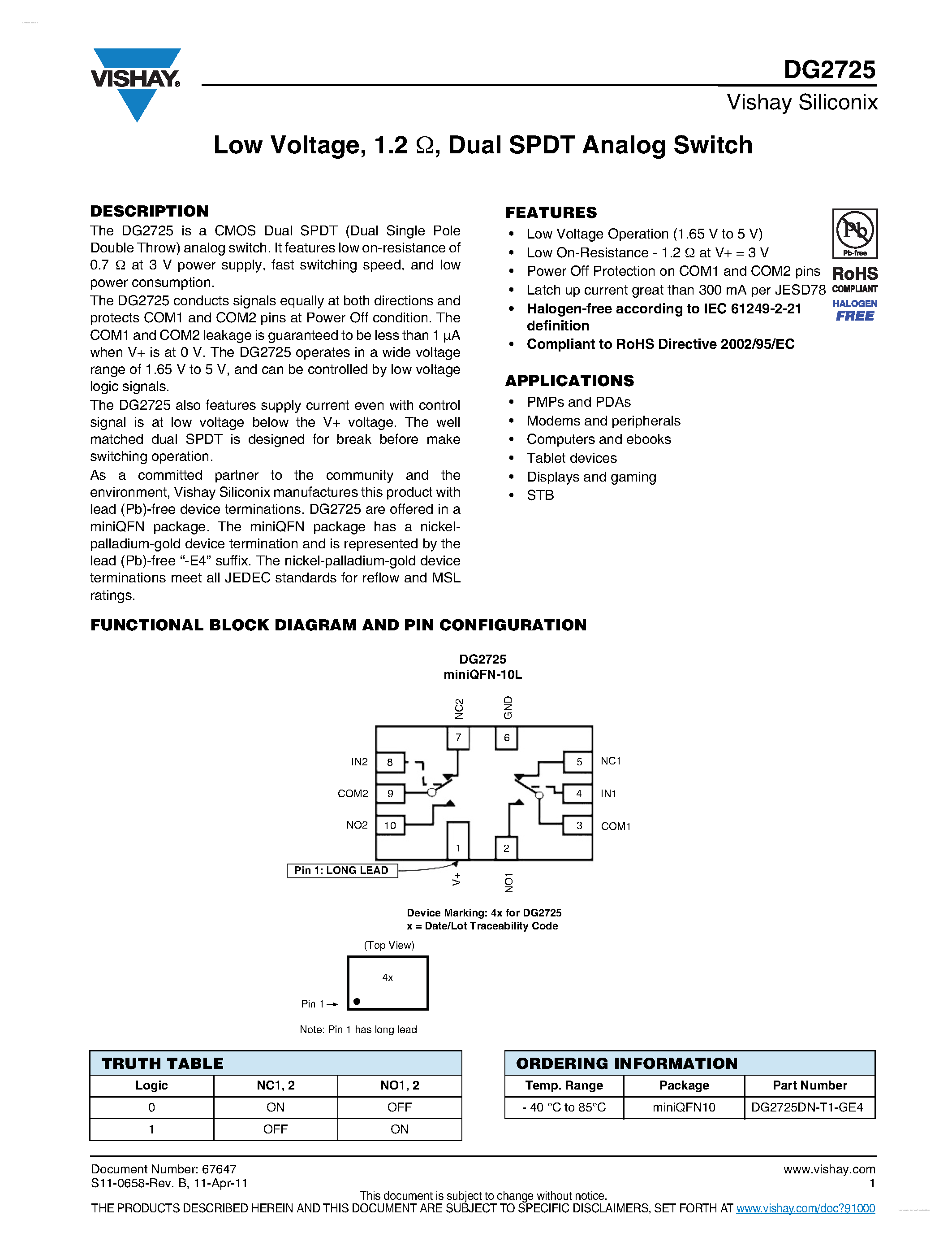 Даташит DG2725 - Dual SPDT Analog Switch страница 1