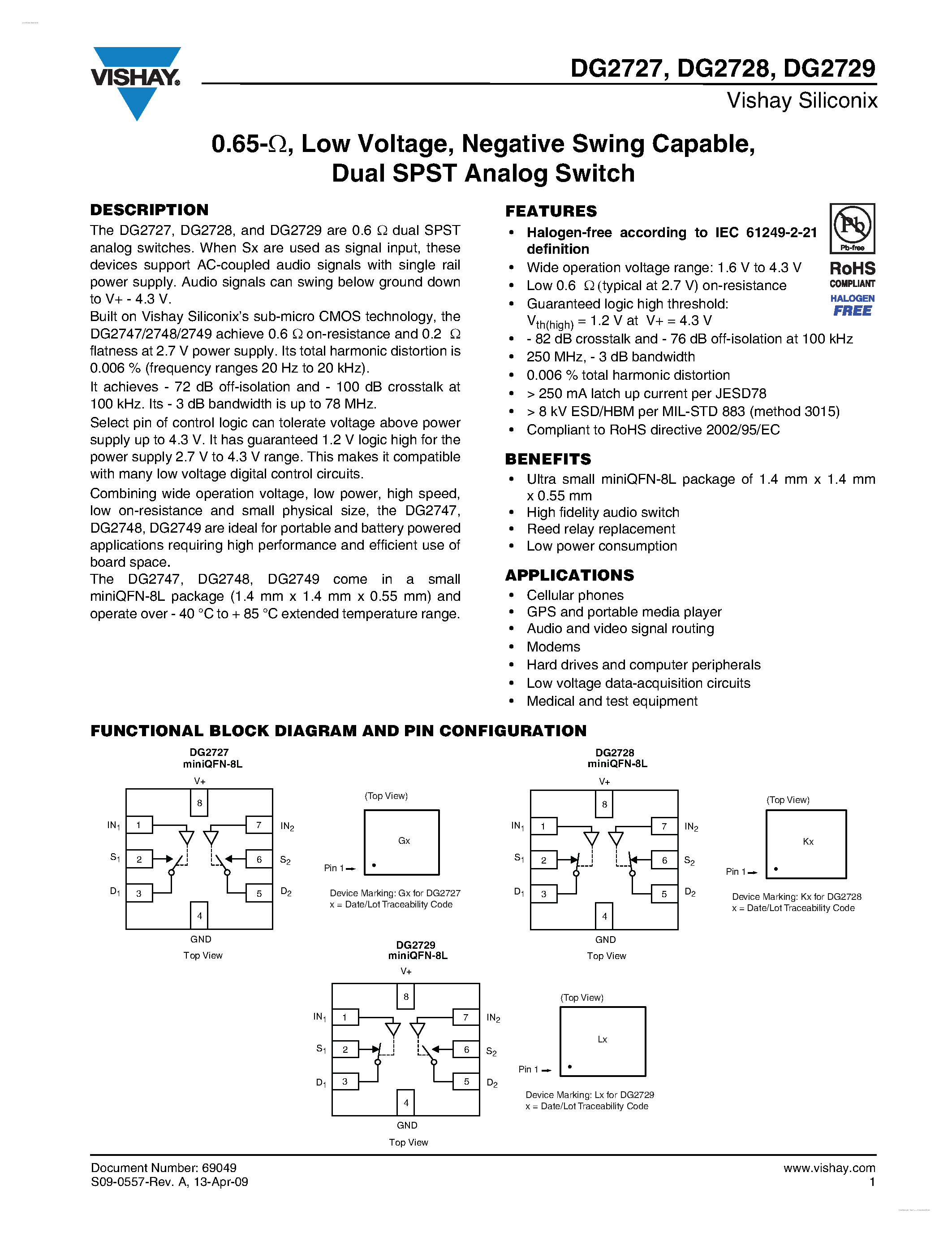 Даташит DG2727 - (DG2727 - DG2729) Dual SPST Analog Switch страница 1
