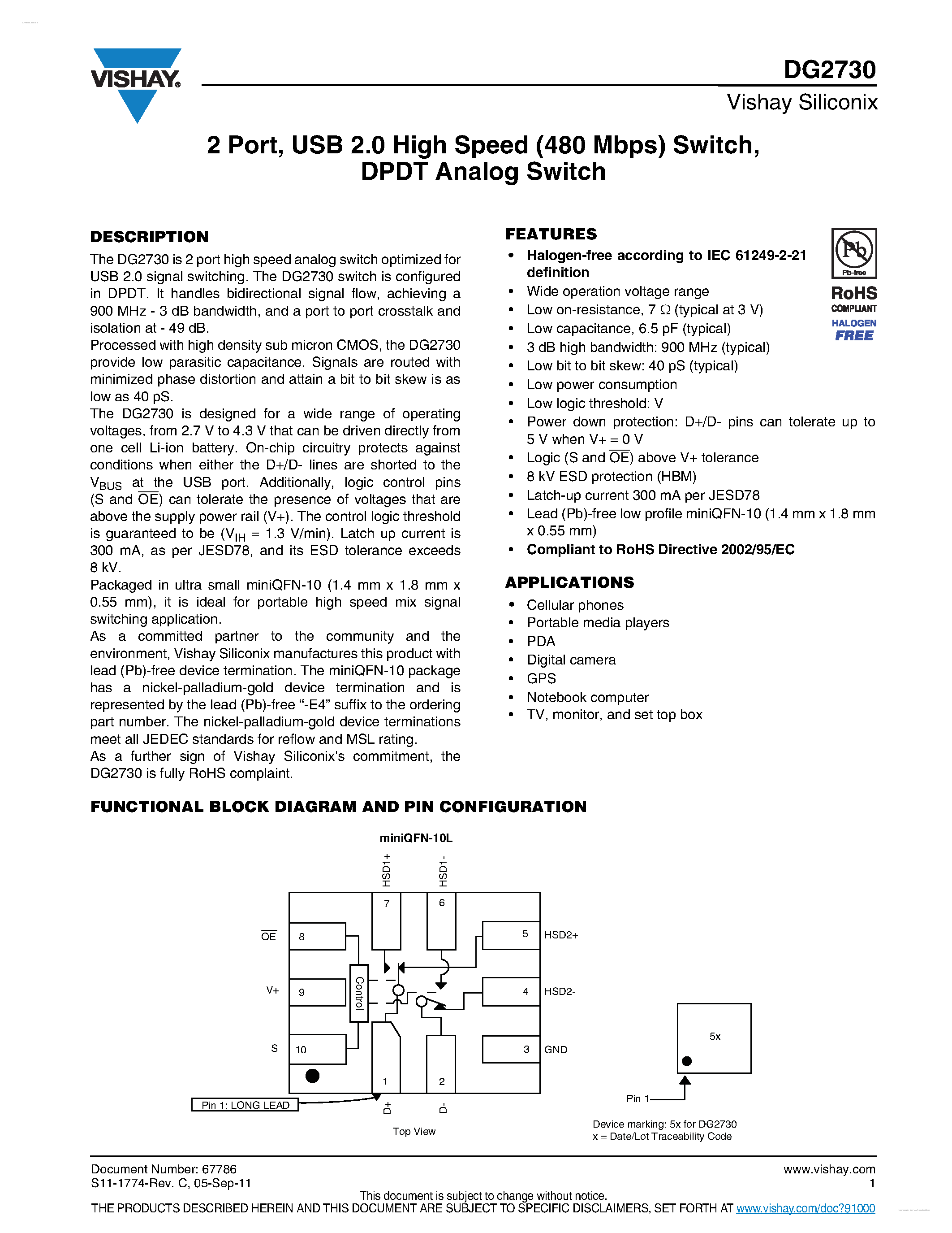 Даташит на микросхему DG2730 страница 1 Даташит DG2730 - DPDT Analog Switch страница 1