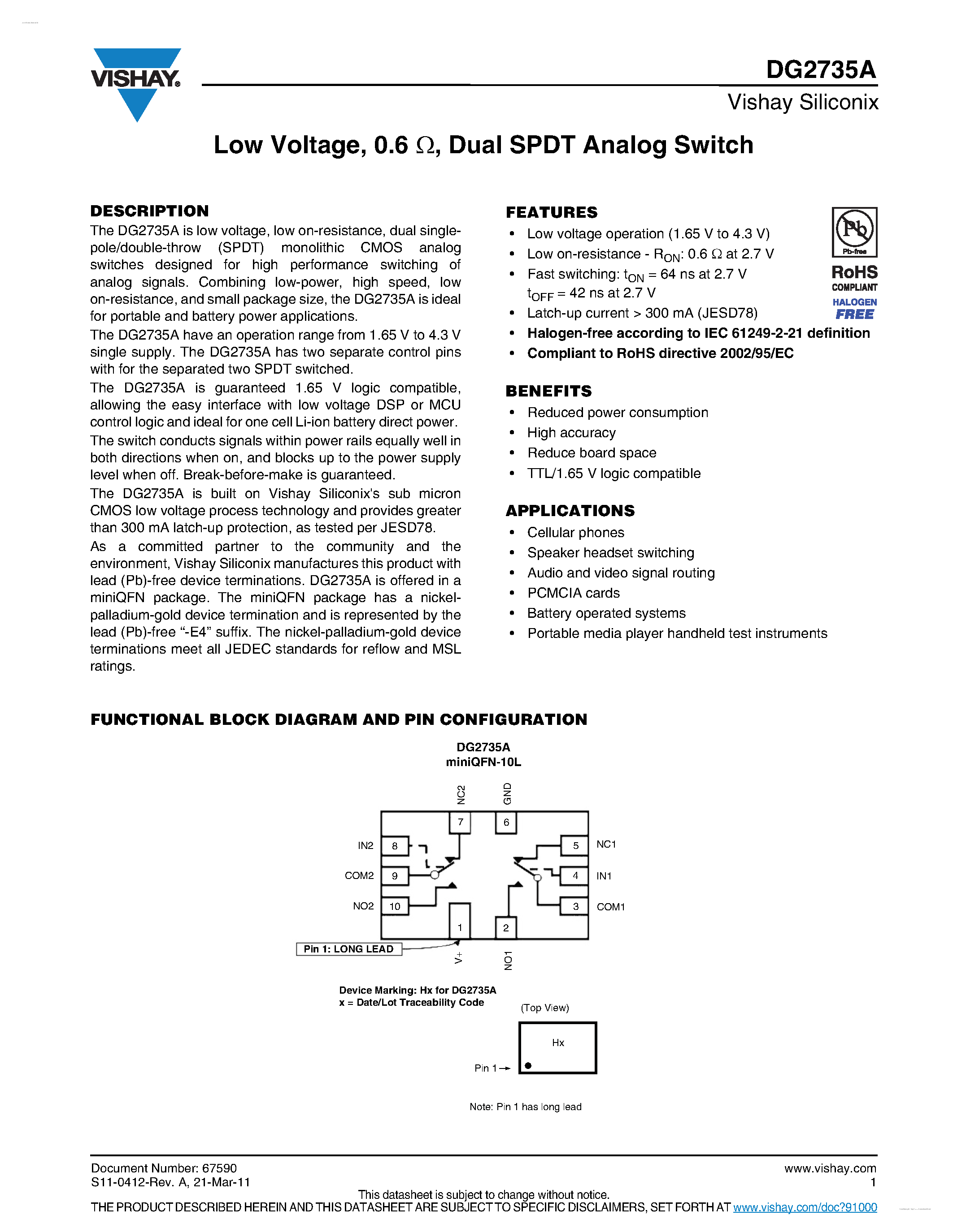 Даташит DG2735A - Dual SPDT Analog Switch страница 1