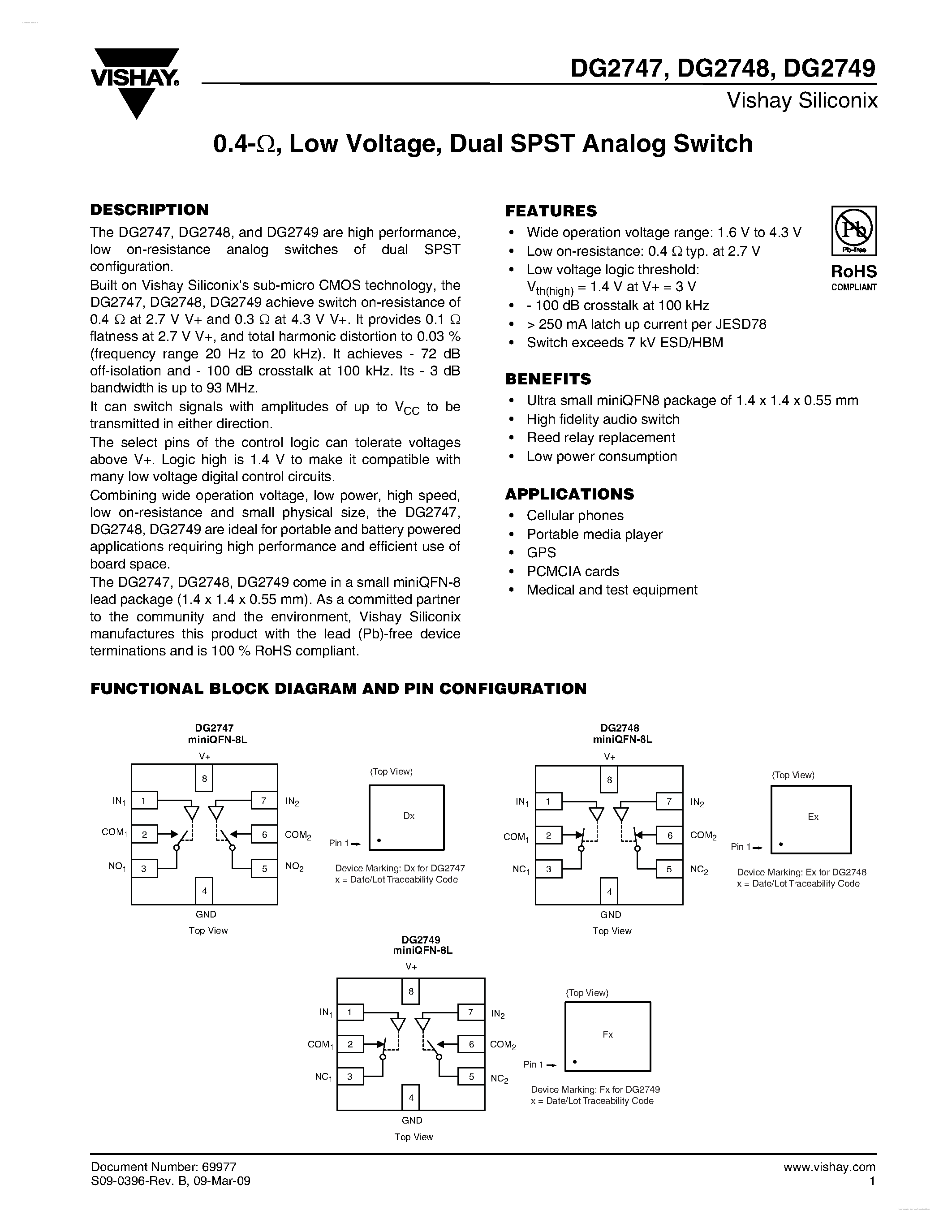 Даташит на микросхему DG2747 страница 1 Даташит DG2747 - (DG2747 - DG2749) Dual SPST Analog Switch страница 1