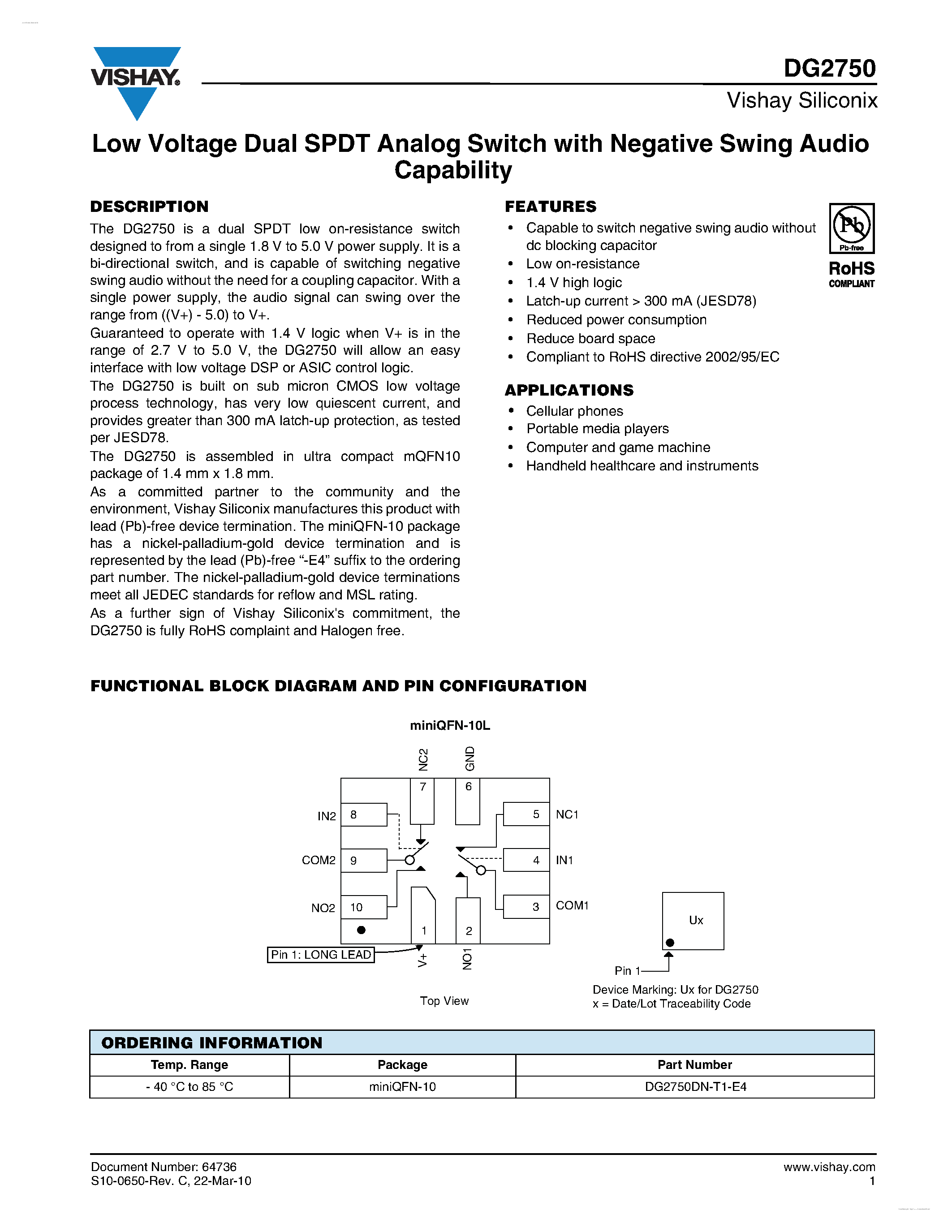 Даташит DG2750 - Low Voltage Dual SPDT Analog Switch страница 1