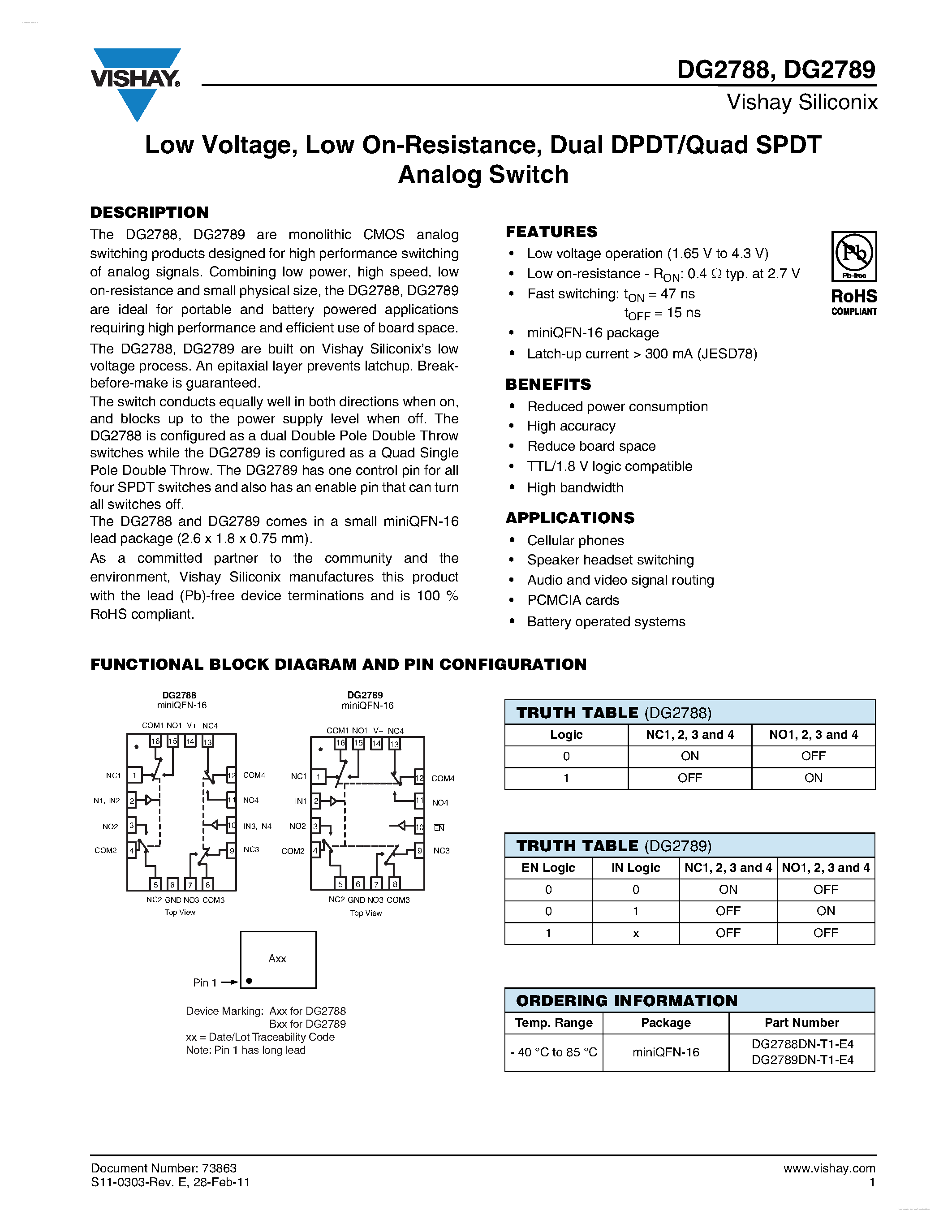 Даташит DG2788 - (DG2788 / DG2789) Dual DPDT/Quad SPDT Analog Switch страница 1
