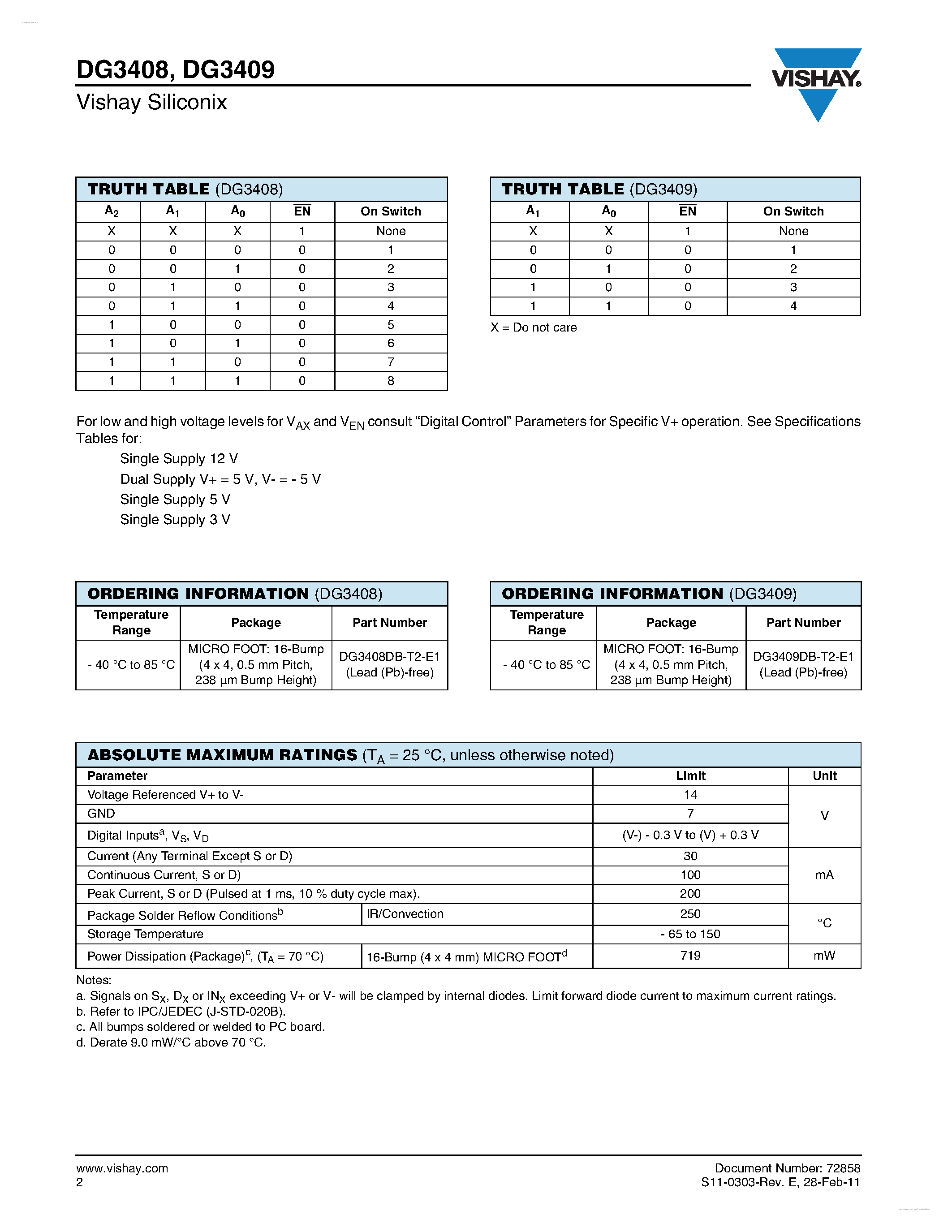 Datasheet DG3408 - (DG3408 / DG3409) Precision 8-Ch/Dual 4-Ch Low Voltage Analog Multiplexers page 2