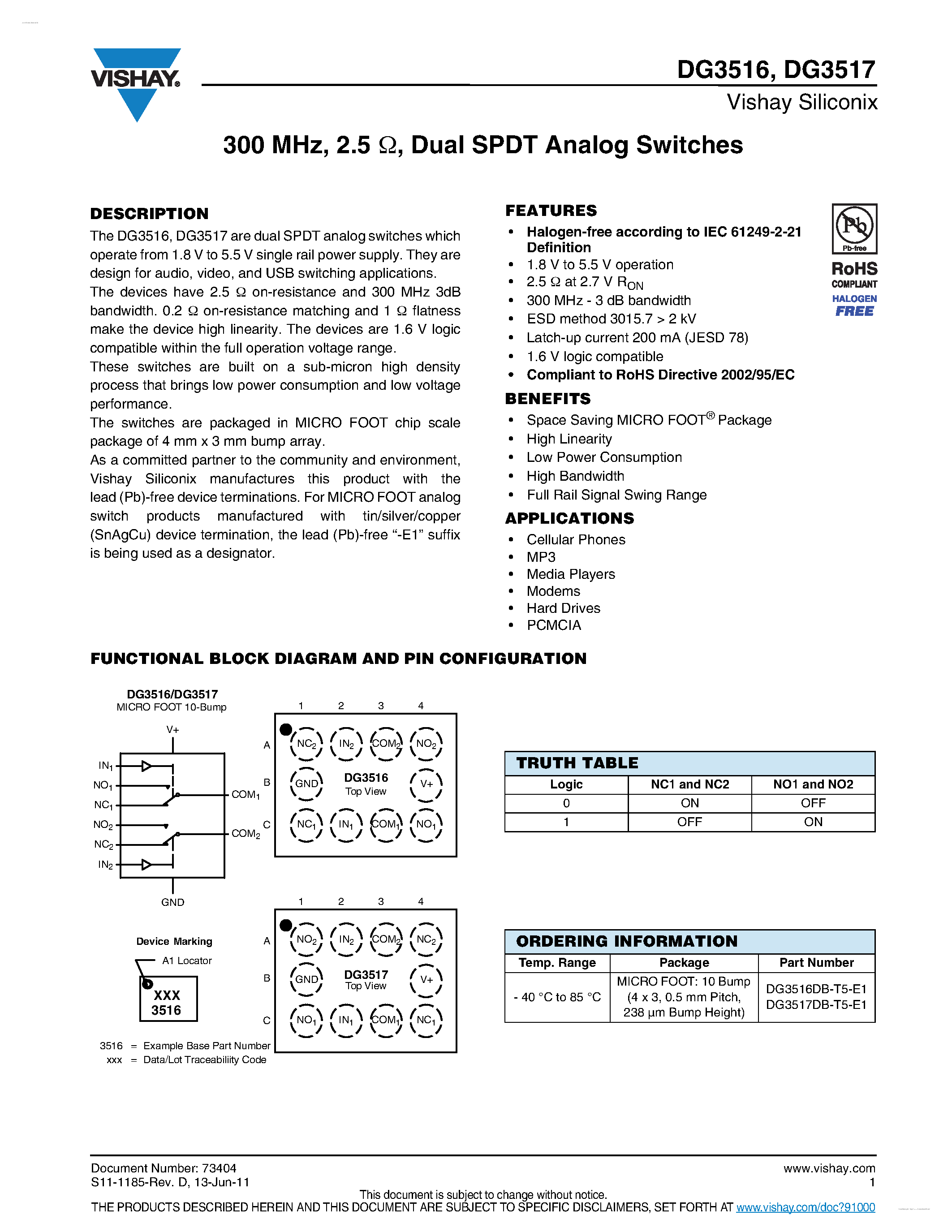 Даташит DG3516 - (DG3516 / DG3517) Dual SPDT Analog Switches страница 1
