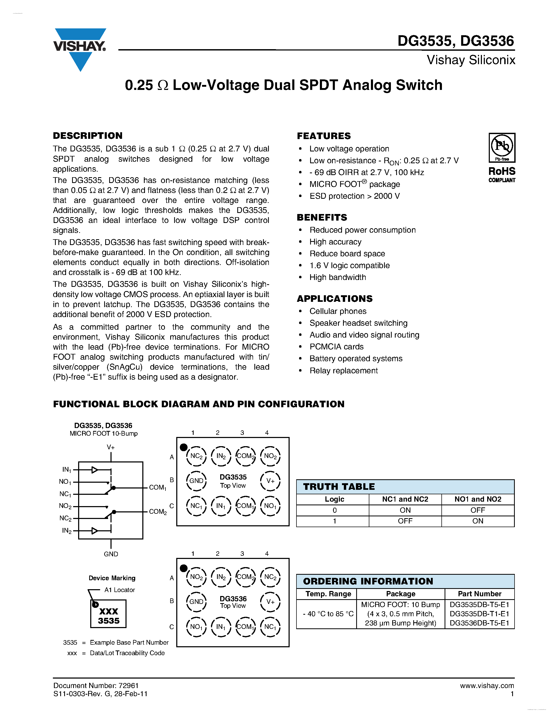 Даташит DG3535 - (DG3535 / DG3536) Low-Voltage Dual SPDT Analog Switch страница 1