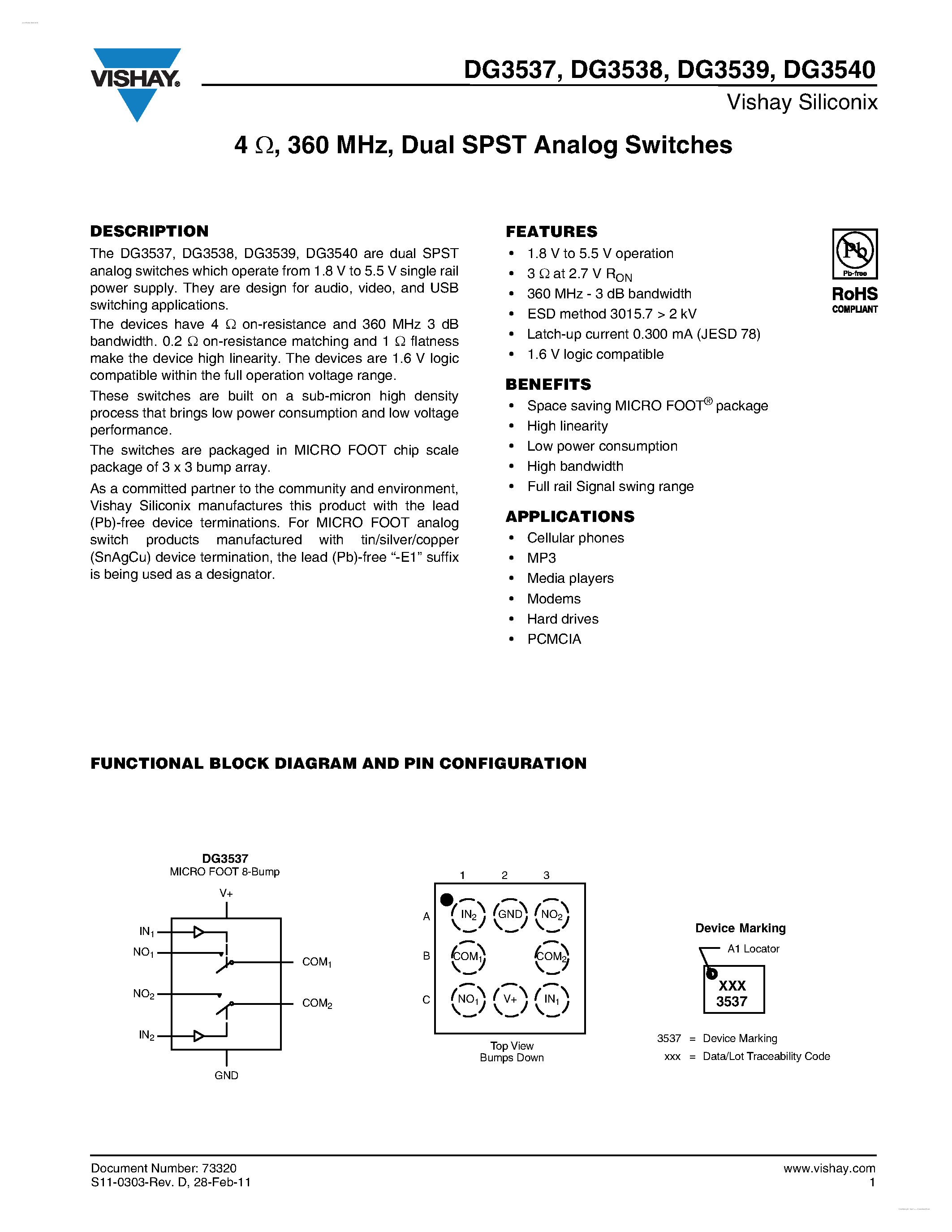Даташит DG3537 - (DG3537 - DG3540) Dual SPST Analog Switches страница 1