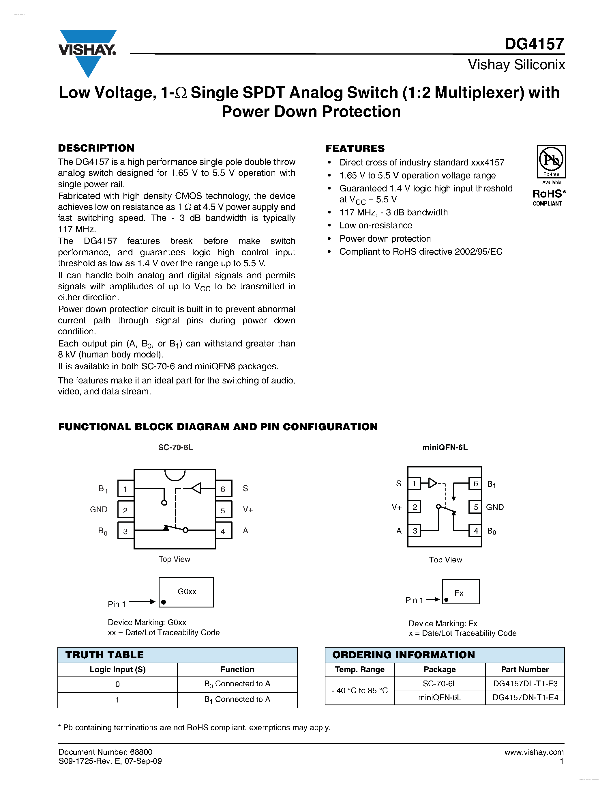 Даташит DG4157 - Single SPDT Analog Switch страница 1