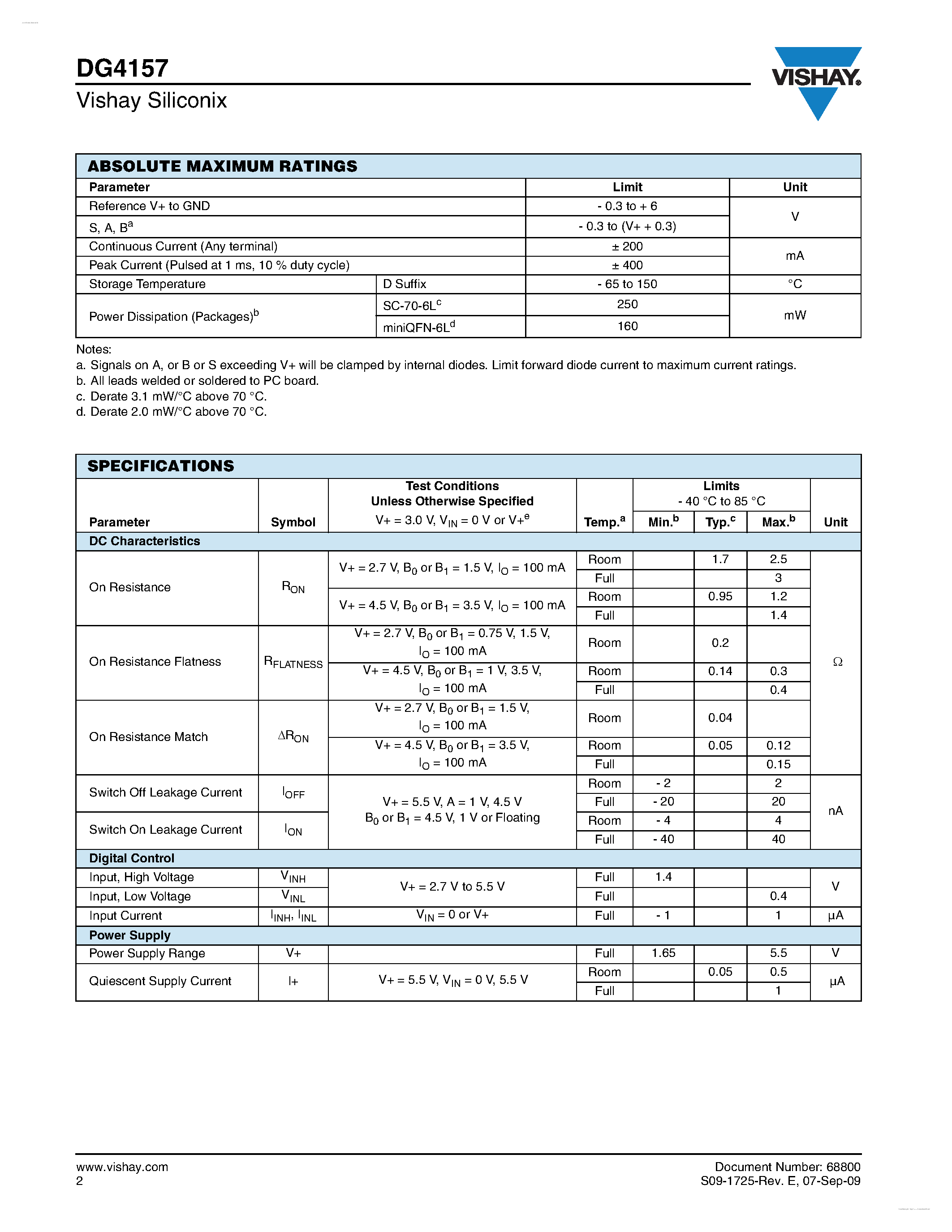 Даташит DG4157 - Single SPDT Analog Switch страница 2