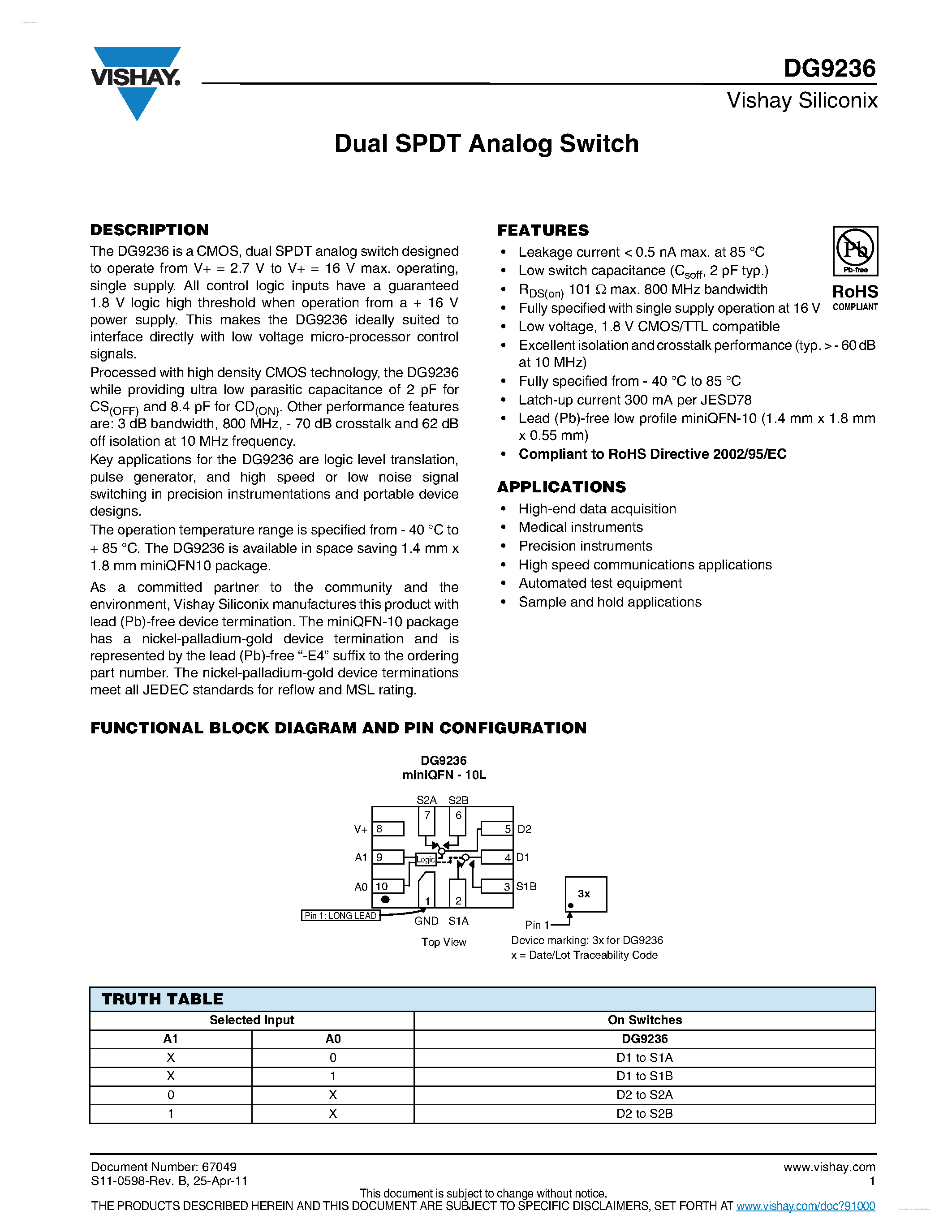 Даташит DG9236 - Dual SPDT Analog Switch страница 1