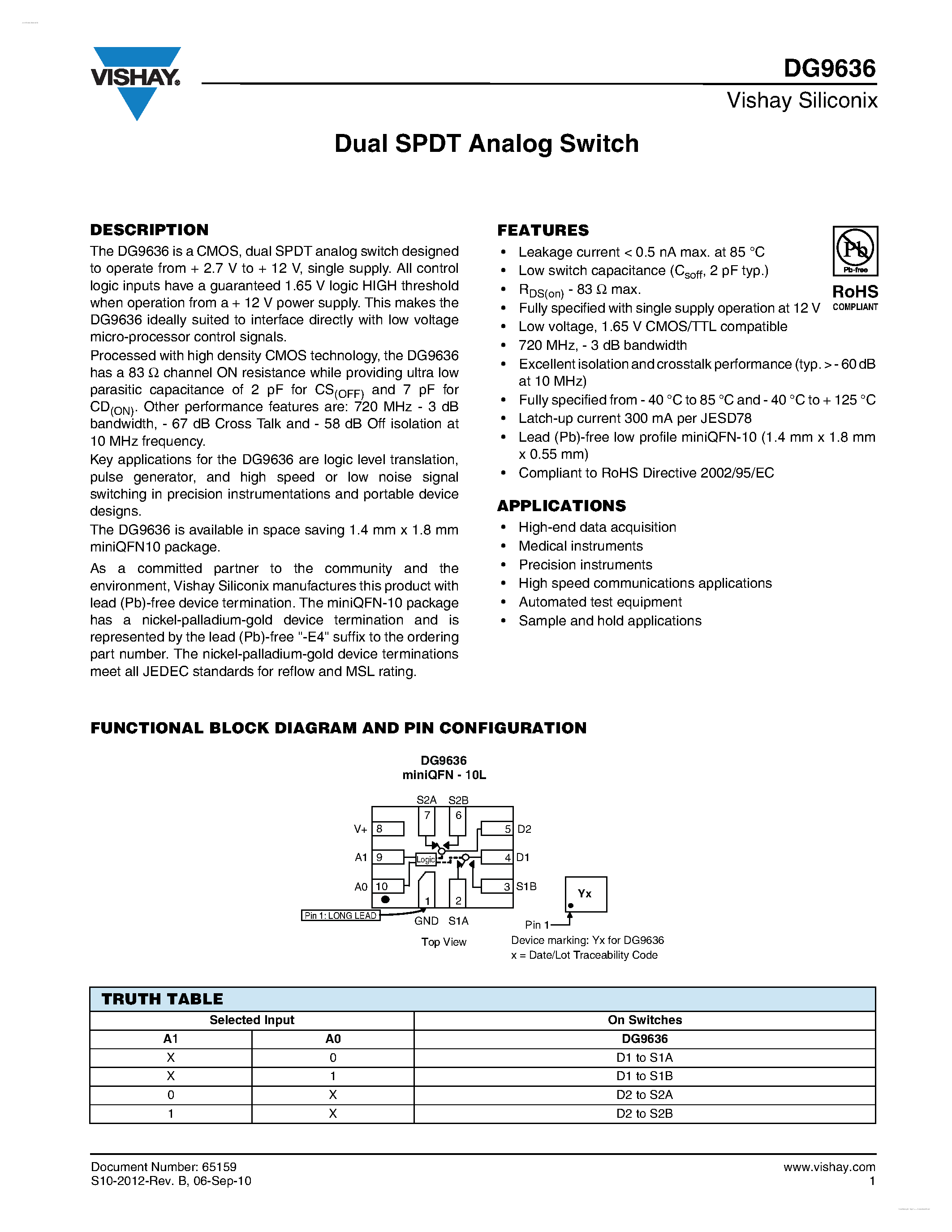 Даташит на микросхему DG9636 страница 1 Даташит DG9636 - Dual SPDT Analog Switch страница 1