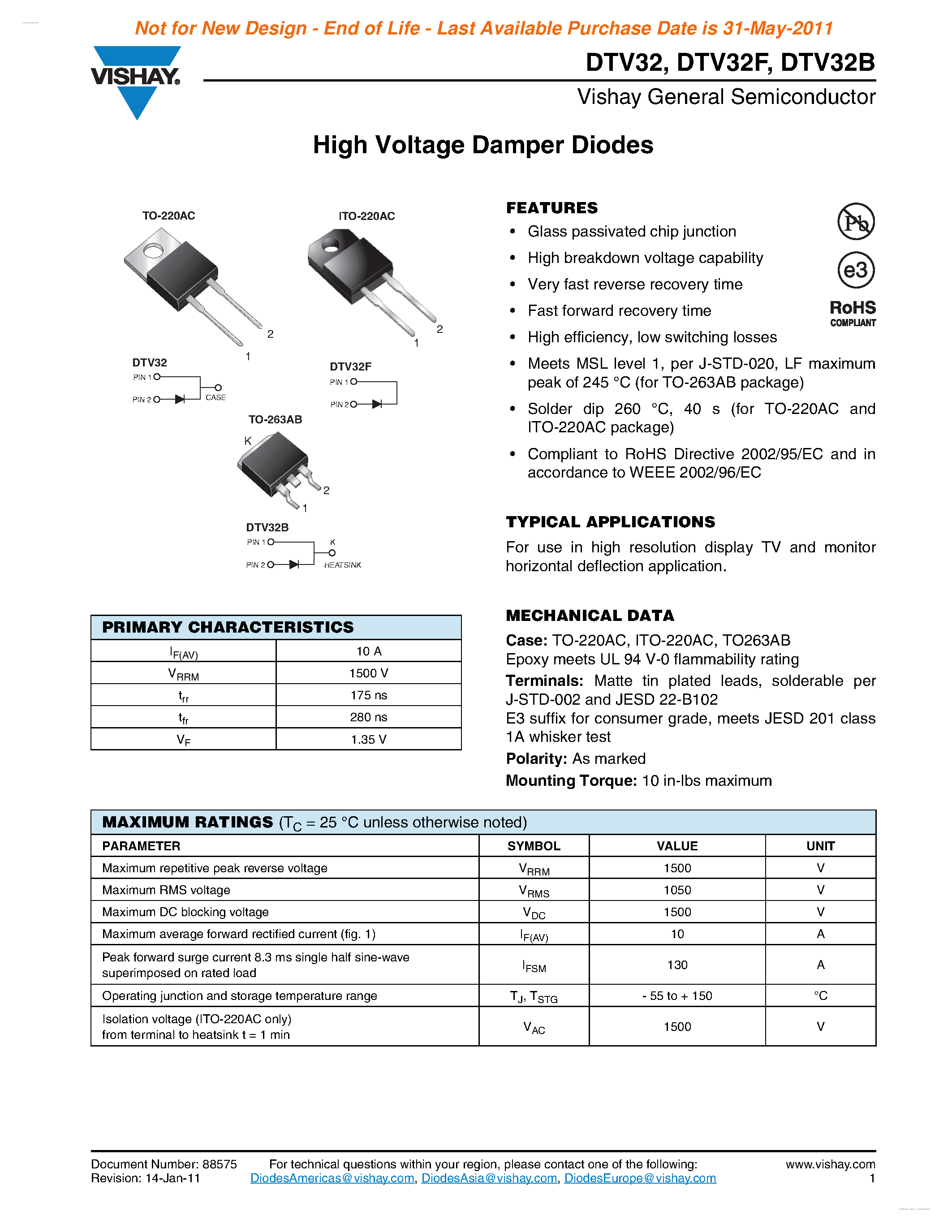 Даташит DTV32 - High Voltage Damper Diodes страница 1