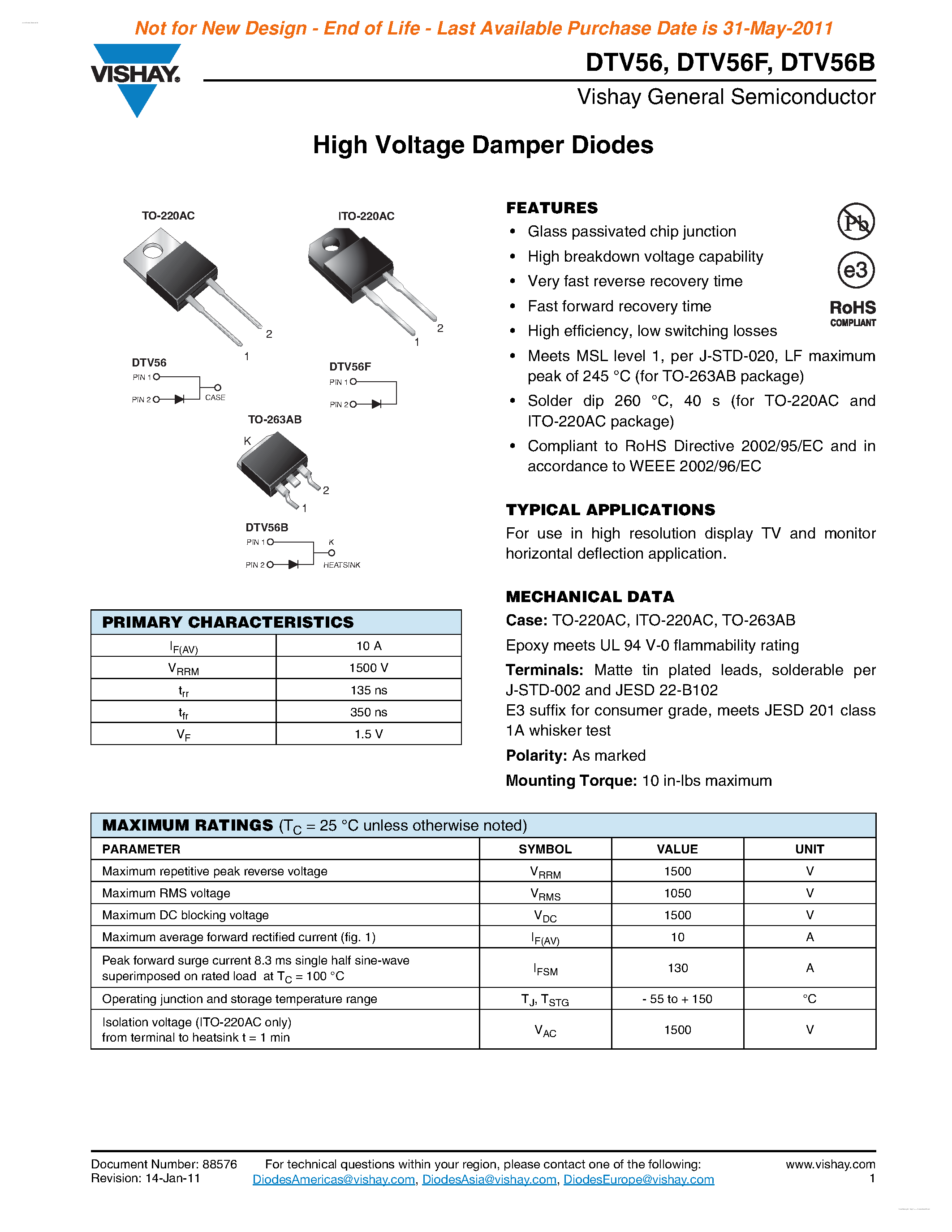 Даташит на микросхему DTV56 страница 1 Даташит DTV56 - High Voltage Damper Diodes страница 1