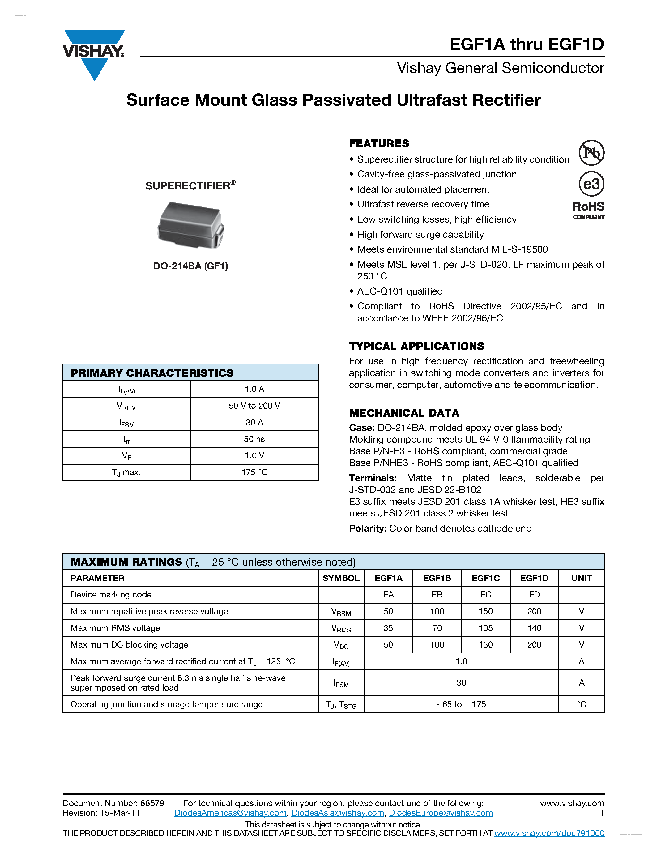 Datasheet EGF1A page 1 Datasheet EGF1A - (EGF1x) Surface Mount Glass Passivated Ultrafast Rectifier page 1