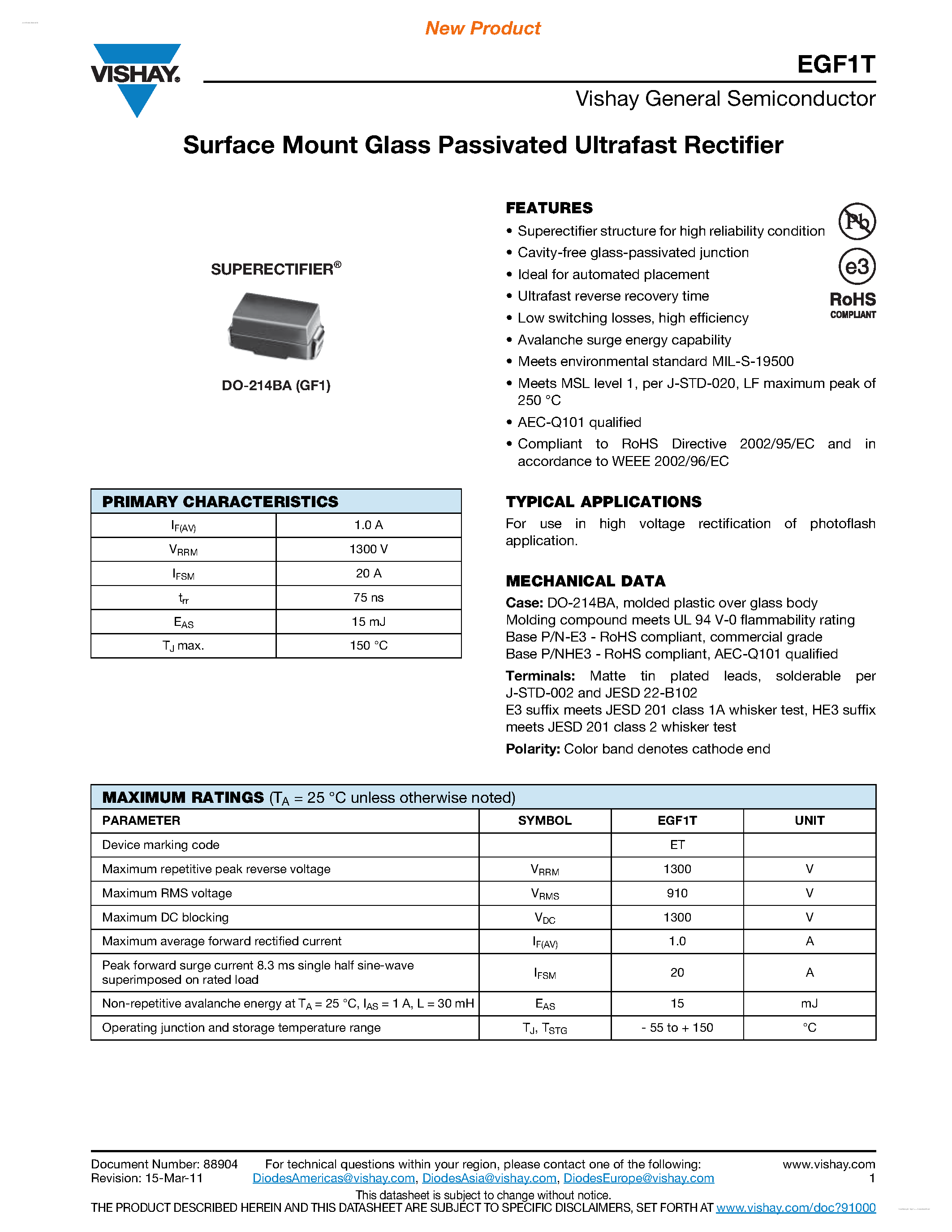 Datasheet EGF1T - Surface Mount Glass Passivated Ultrafast Rectifier page 1