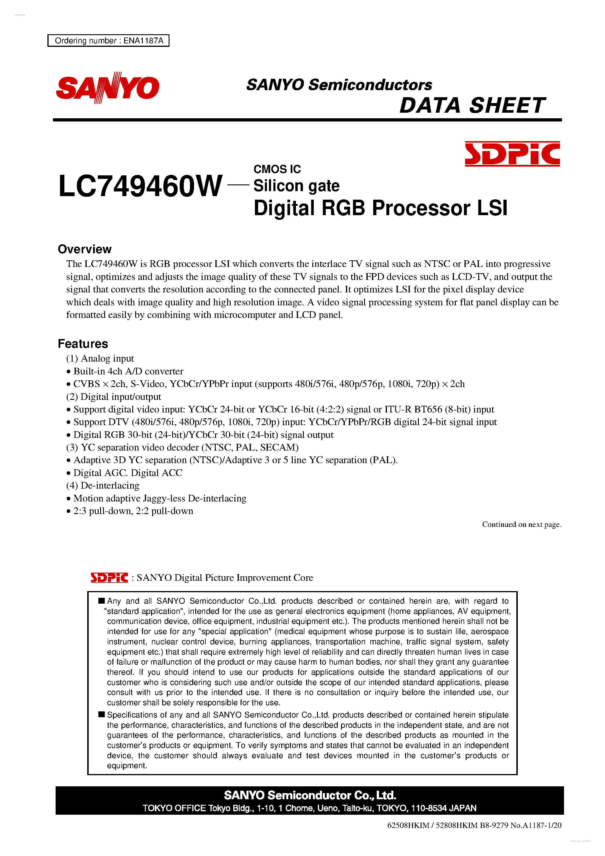 Datasheet LC749460W page 1 Datasheet LC749460W - Digital RGB Processor LSI page 1