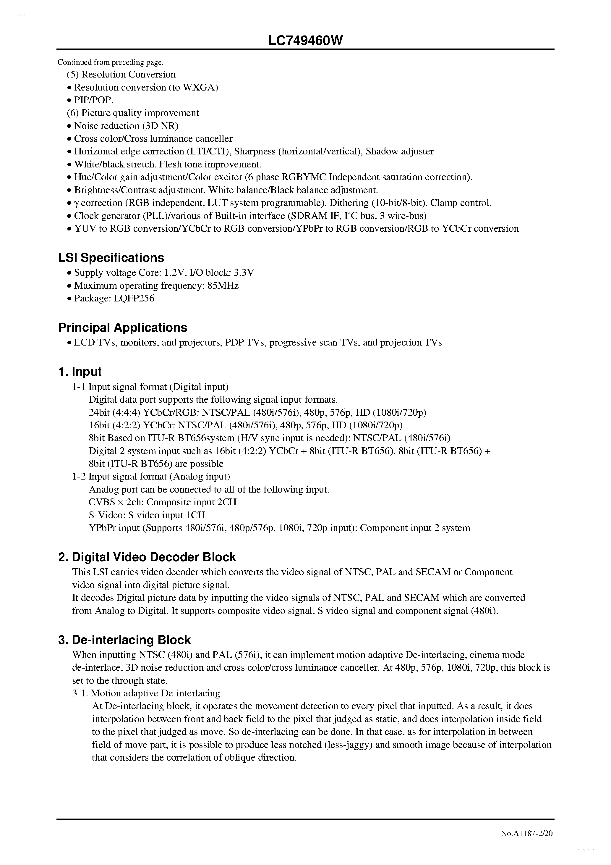 Datasheet LC749460W page 2 Datasheet LC749460W - Digital RGB Processor LSI page 2