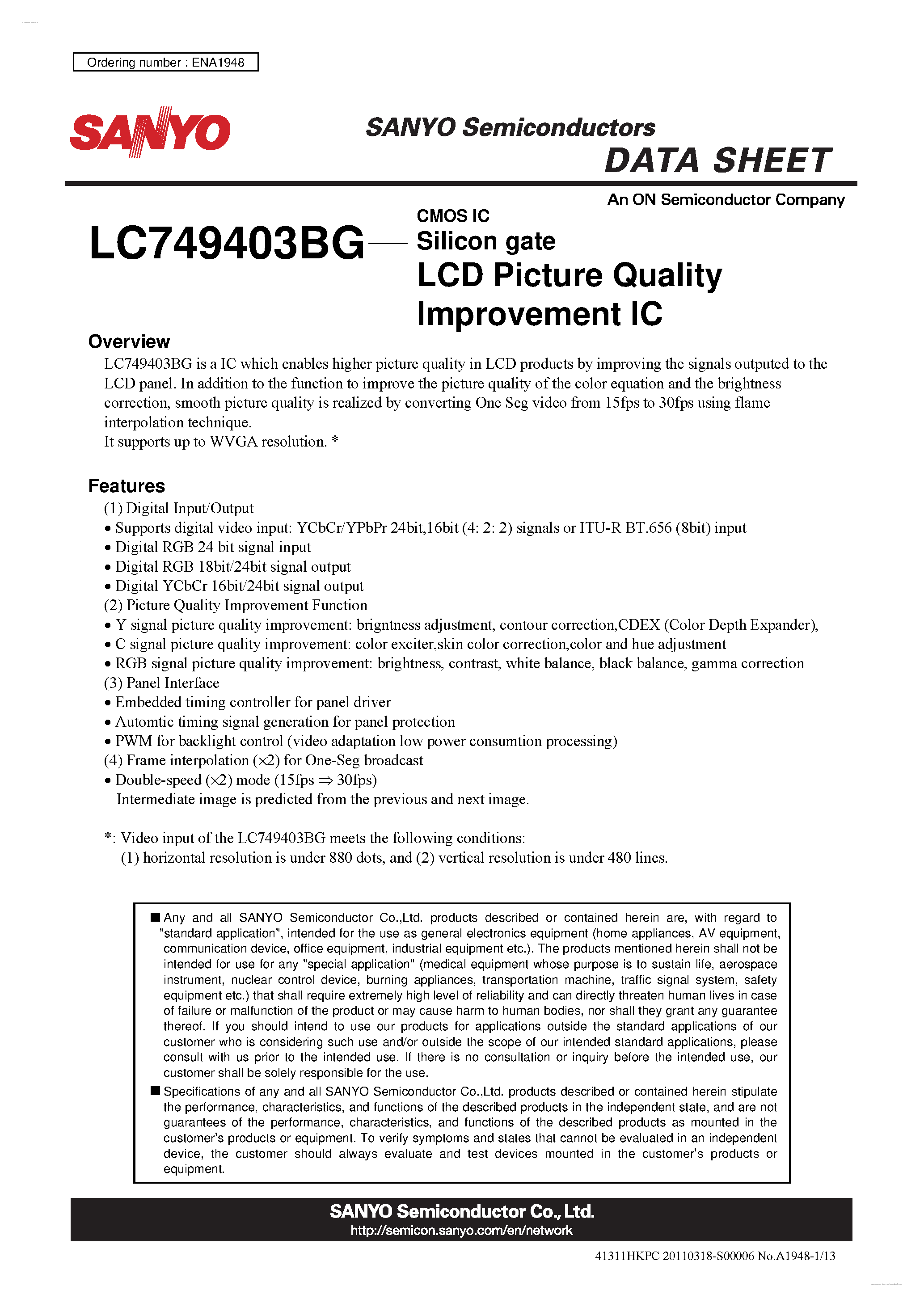 Datasheet LC749403BG - LCD Picture Quality Improvement IC page 1
